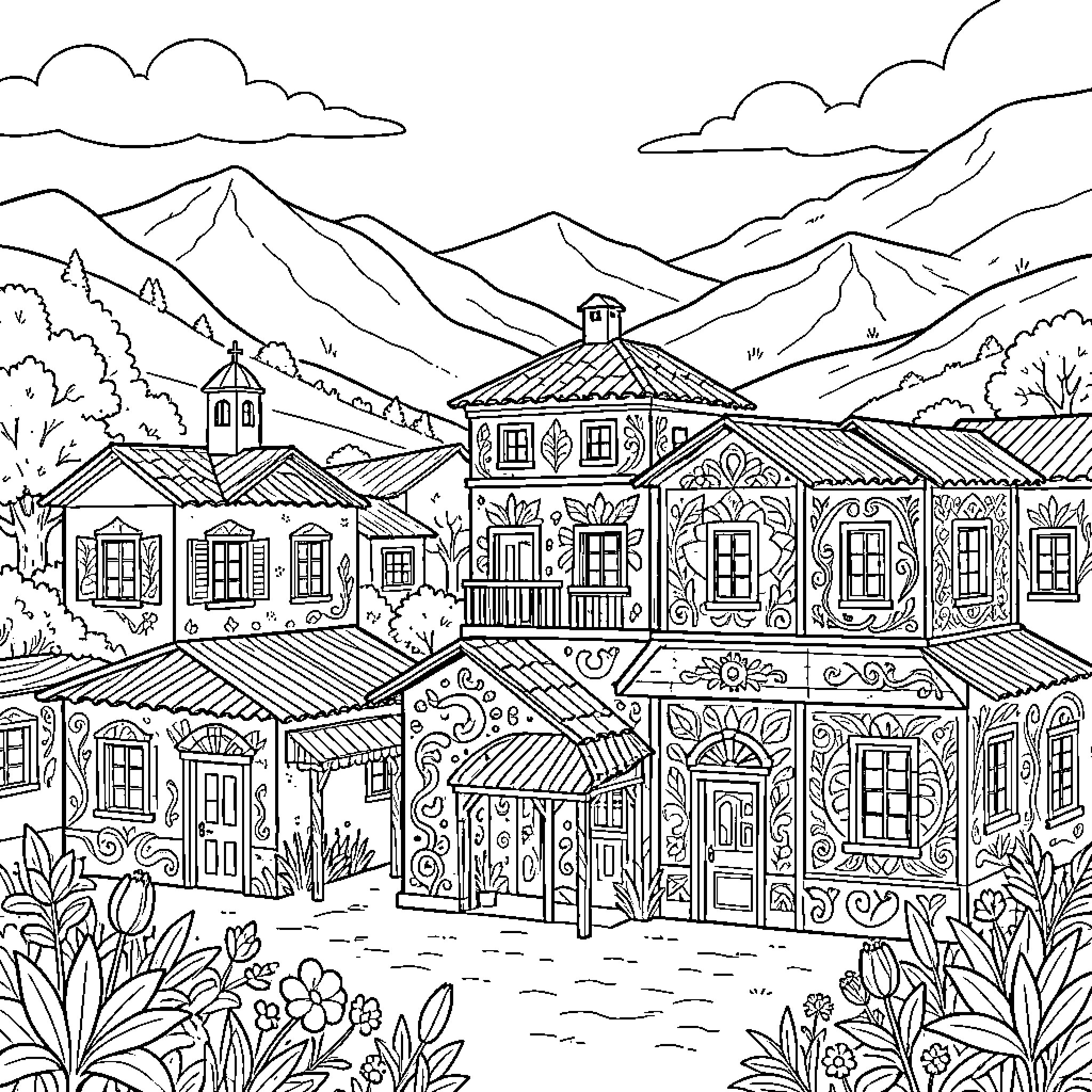 Cholet: Charming Mountainous Village Scene Coloring Page (free black-and-white line drawing printable PDF for all, from beginners to advanced learners, including children, teens, adults, and seniors)