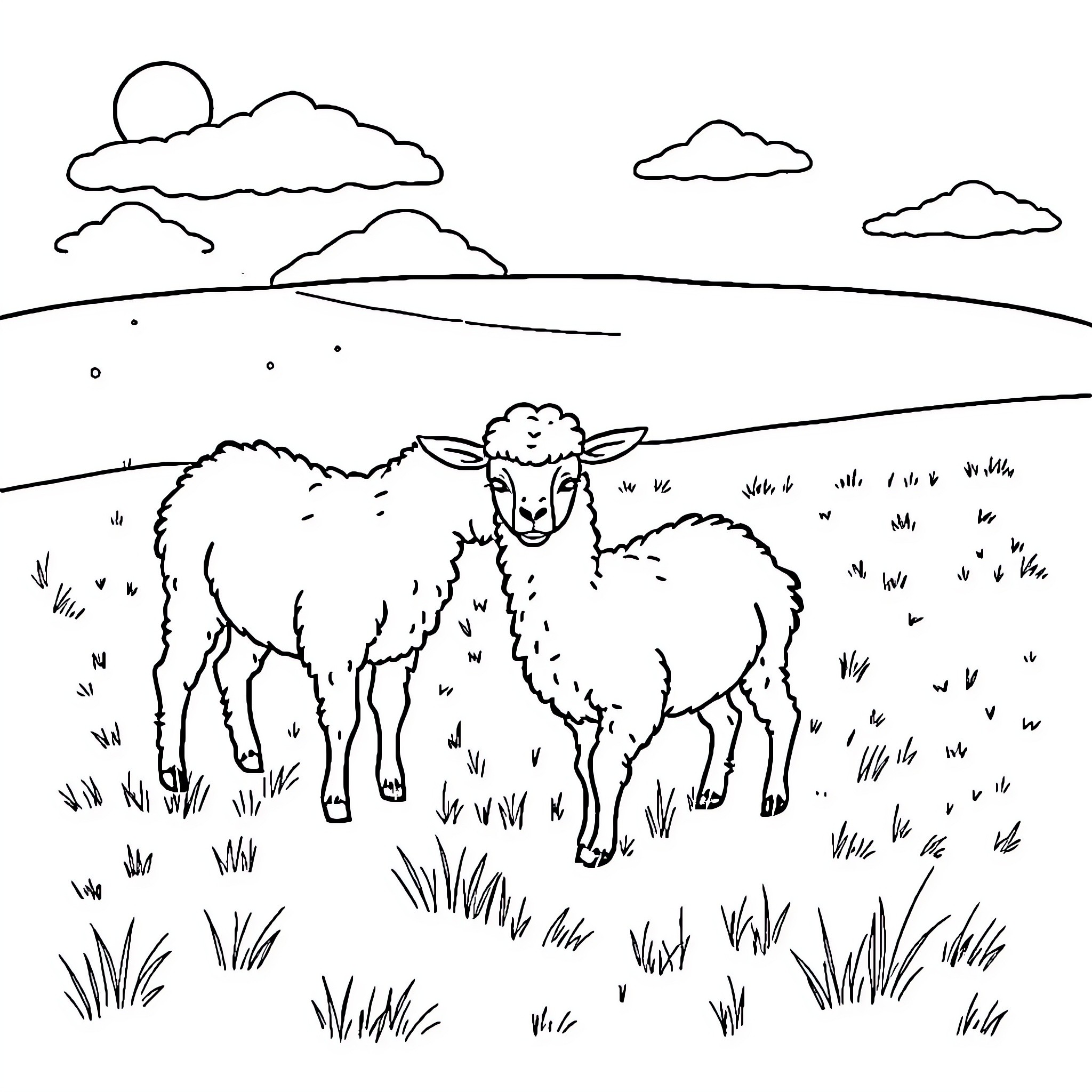 Llama grazing peacefully in a grassy field Coloring Page (free black-and-white line drawing printable PDF for all, from beginners to advanced learners, including children, teens, adults, and seniors)