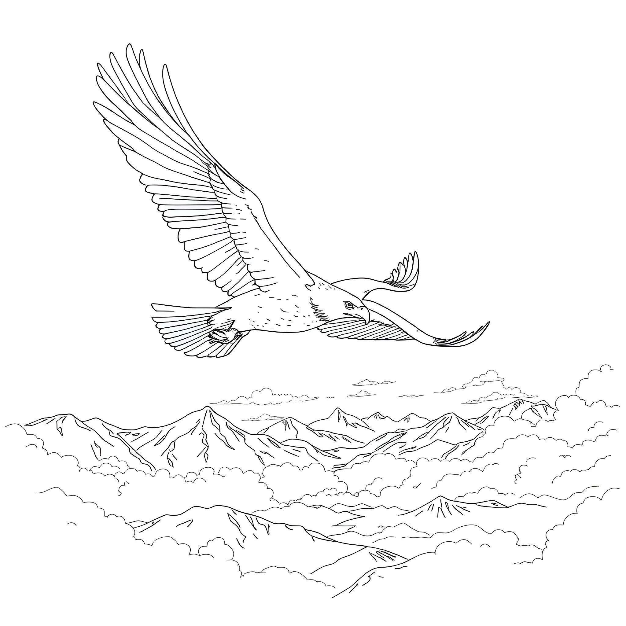 Eagle soaring above majestic mountains Coloring Page (free black-and-white line drawing printable PDF for all, from beginners to advanced learners, including children, teens, adults, and seniors)