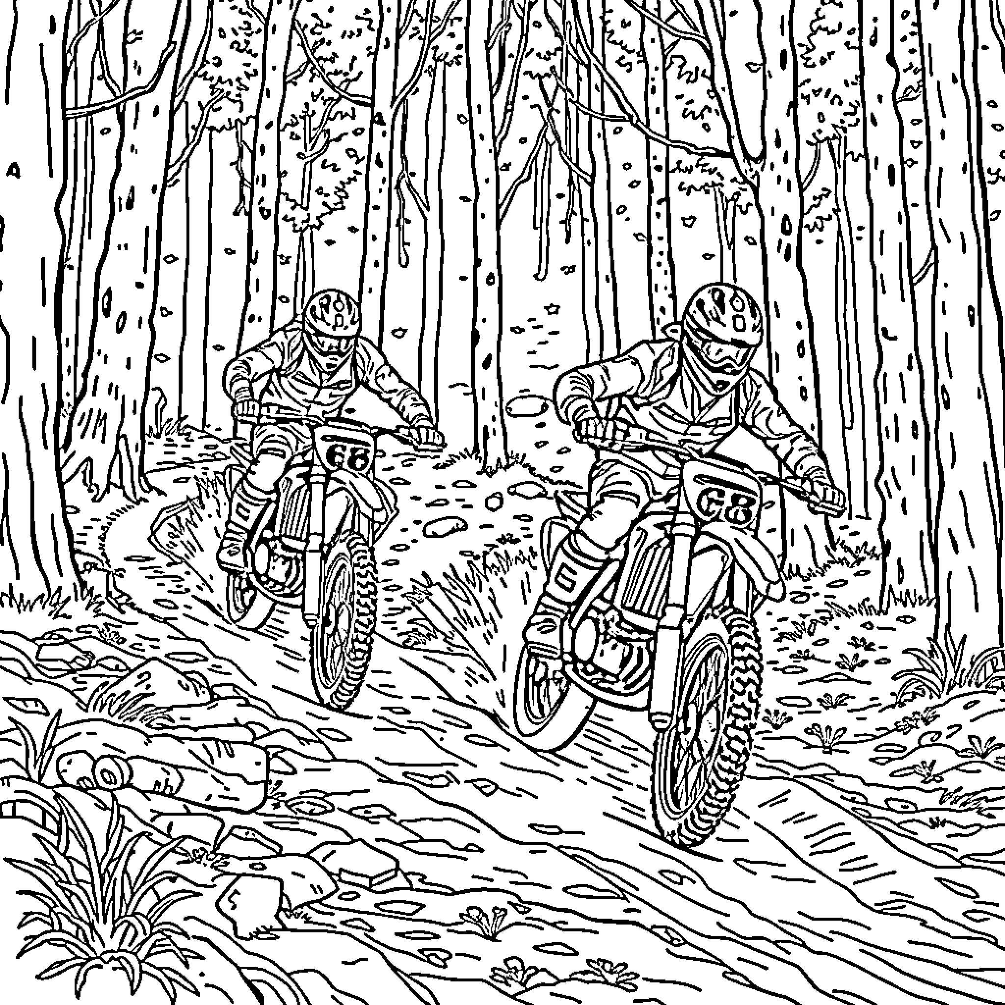 GNCC Racing through the forest Coloring Page (free black-and-white line drawing printable PDF for all, from beginners to advanced learners, including children, teens, adults, and seniors)