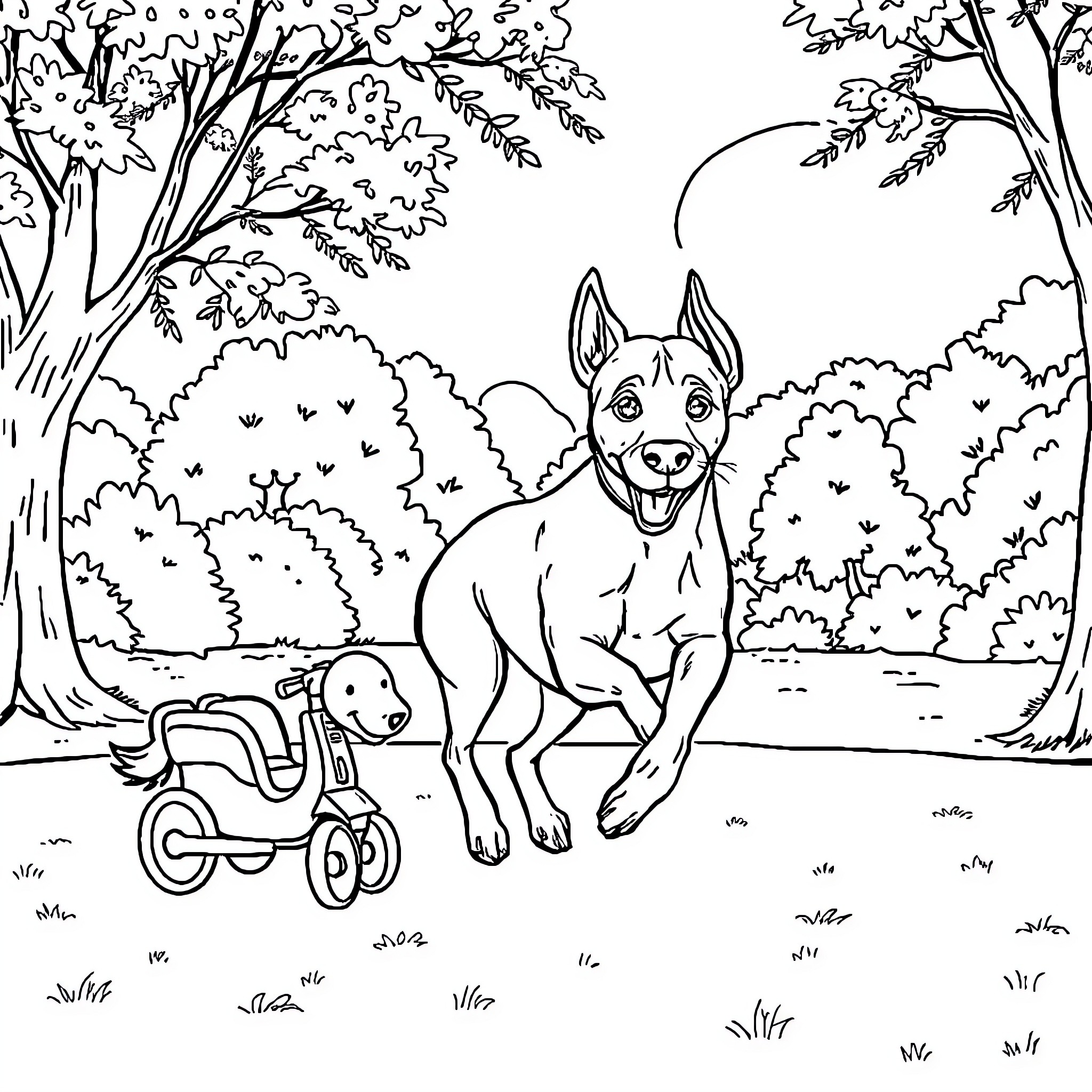Perro playing happily with toy in the forest Coloring Page (free black-and-white line drawing printable PDF for all, from beginners to advanced learners, including children, teens, adults, and seniors)