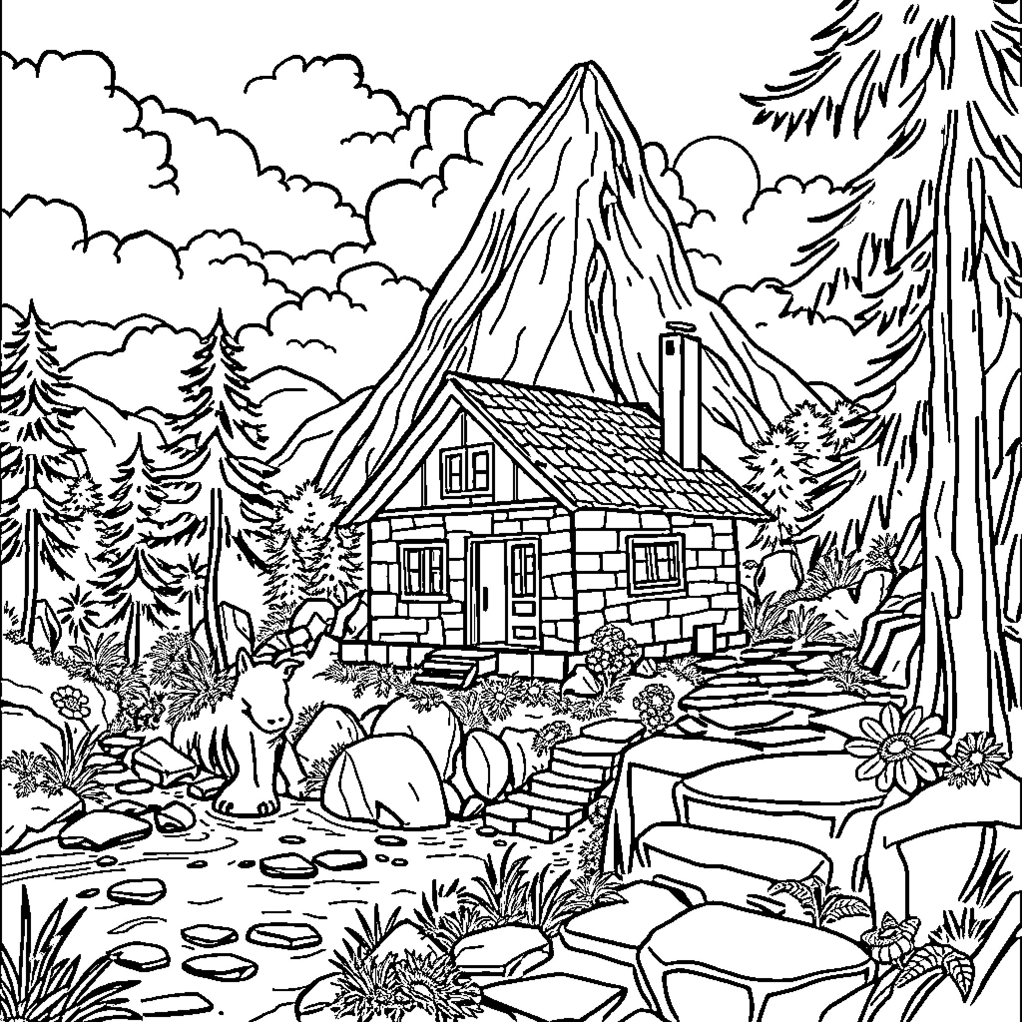 House in the Serene Mountain Landscape Coloring Page (free black-and-white line drawing printable PDF for all, from beginners to advanced learners, including children, teens, adults, and seniors)