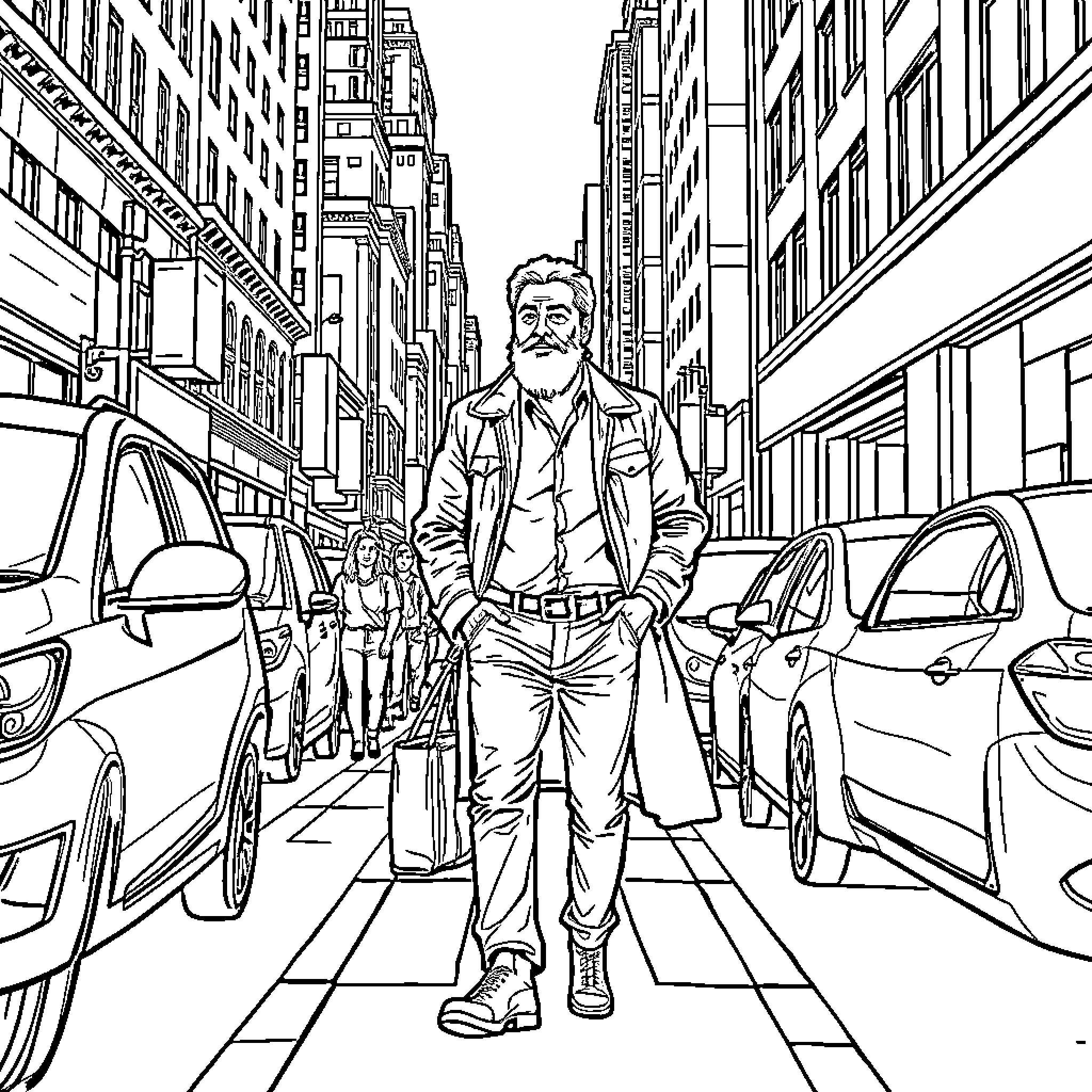Iranman striding confidently through bustling city streets Coloring Page (free black-and-white line drawing printable PDF for all, from beginners to advanced learners, including children, teens, adults, and seniors)