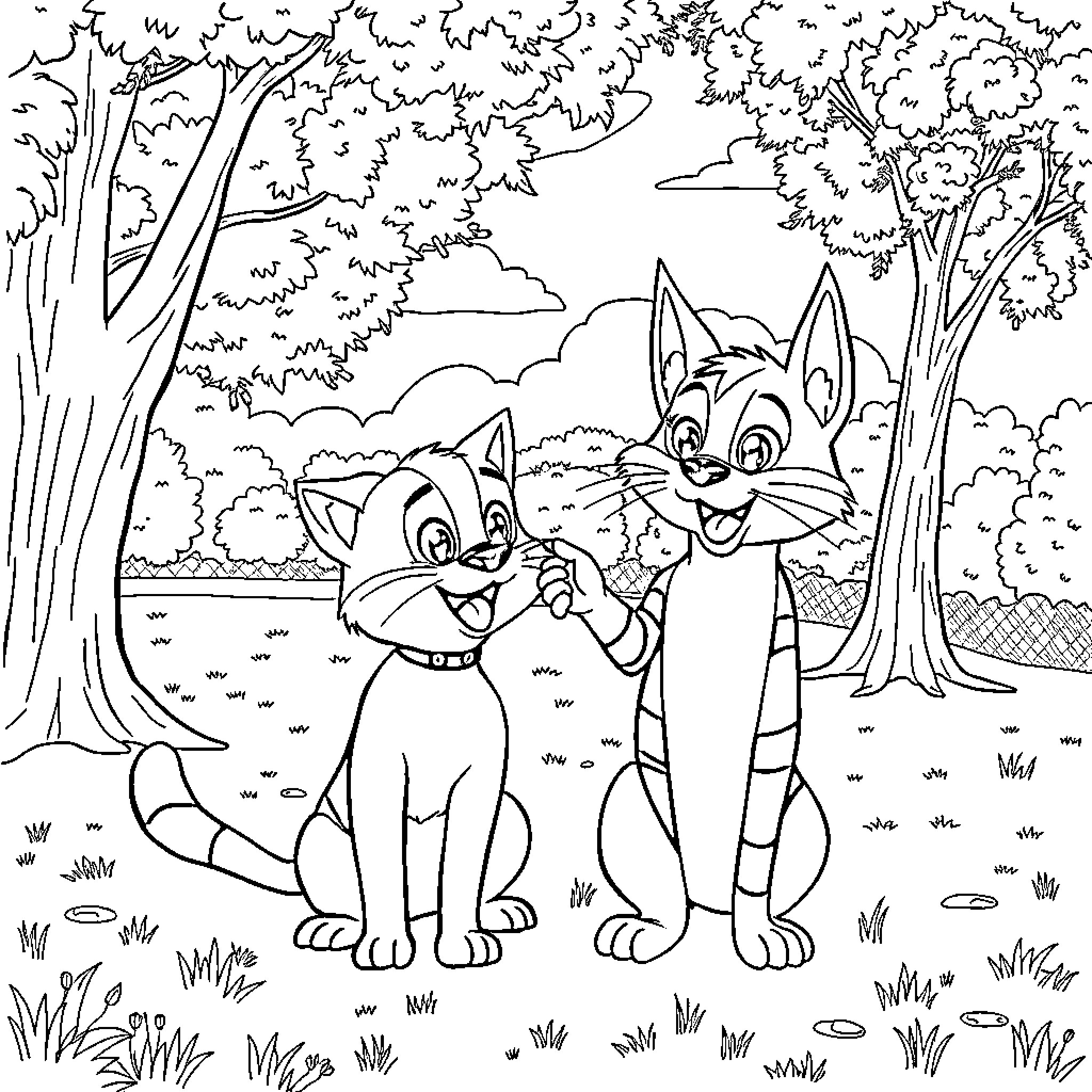 Gatuno cats playing happily in the forest Coloring Page (free black-and-white line drawing printable PDF for all, from beginners to advanced learners, including children, teens, adults, and seniors)