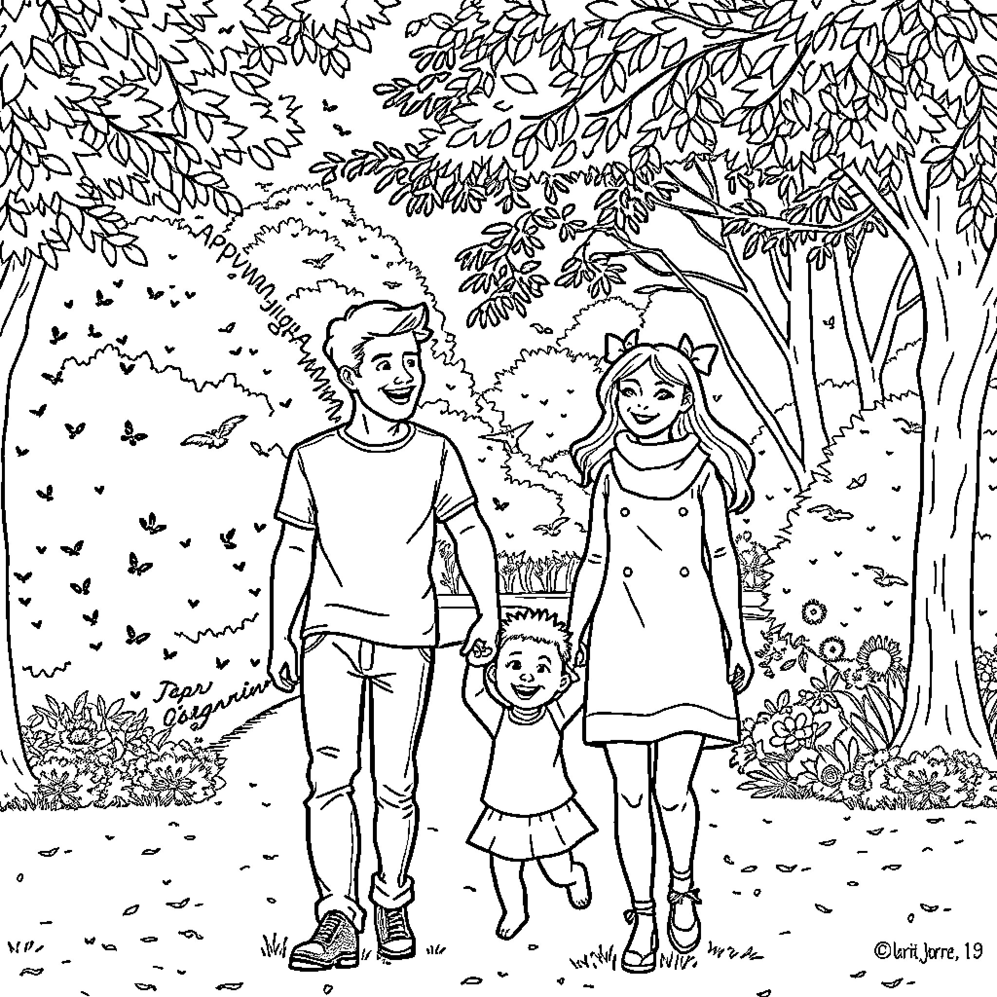Parents Enjoying Nature Walk with Their Child Coloring Page (free black-and-white line drawing printable PDF for all, from beginners to advanced learners, including children, teens, adults, and seniors)