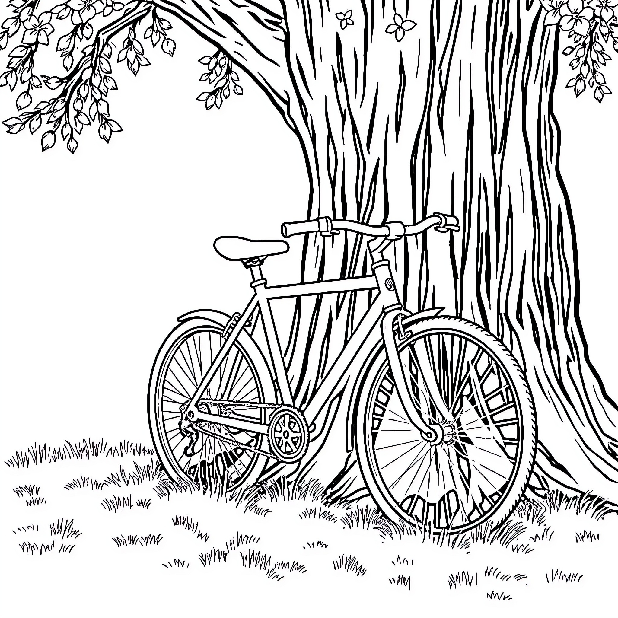 Bicycle Leaning Against Scenic Tree in Nature Coloring Page (free black-and-white line drawing printable PDF for all, from beginners to advanced learners, including children, teens, adults, and seniors)