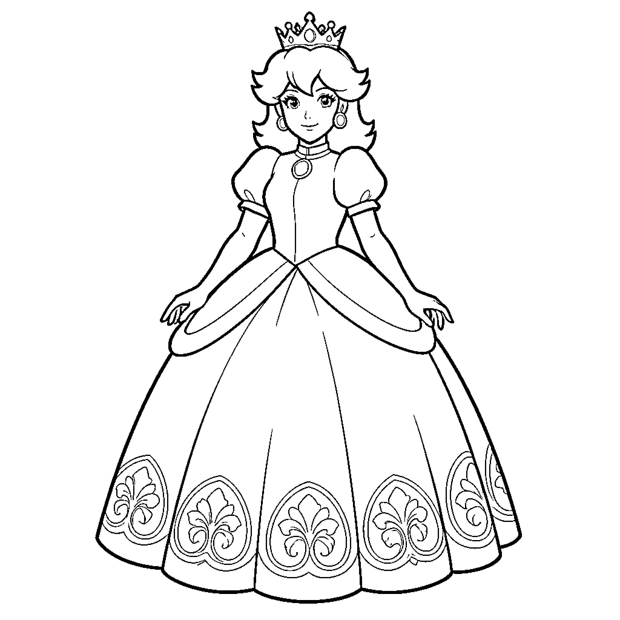 Princess wearing a royal gown and crown Coloring Page (free black-and-white line drawing printable PDF for all, from beginners to advanced learners, including children, teens, adults, and seniors)