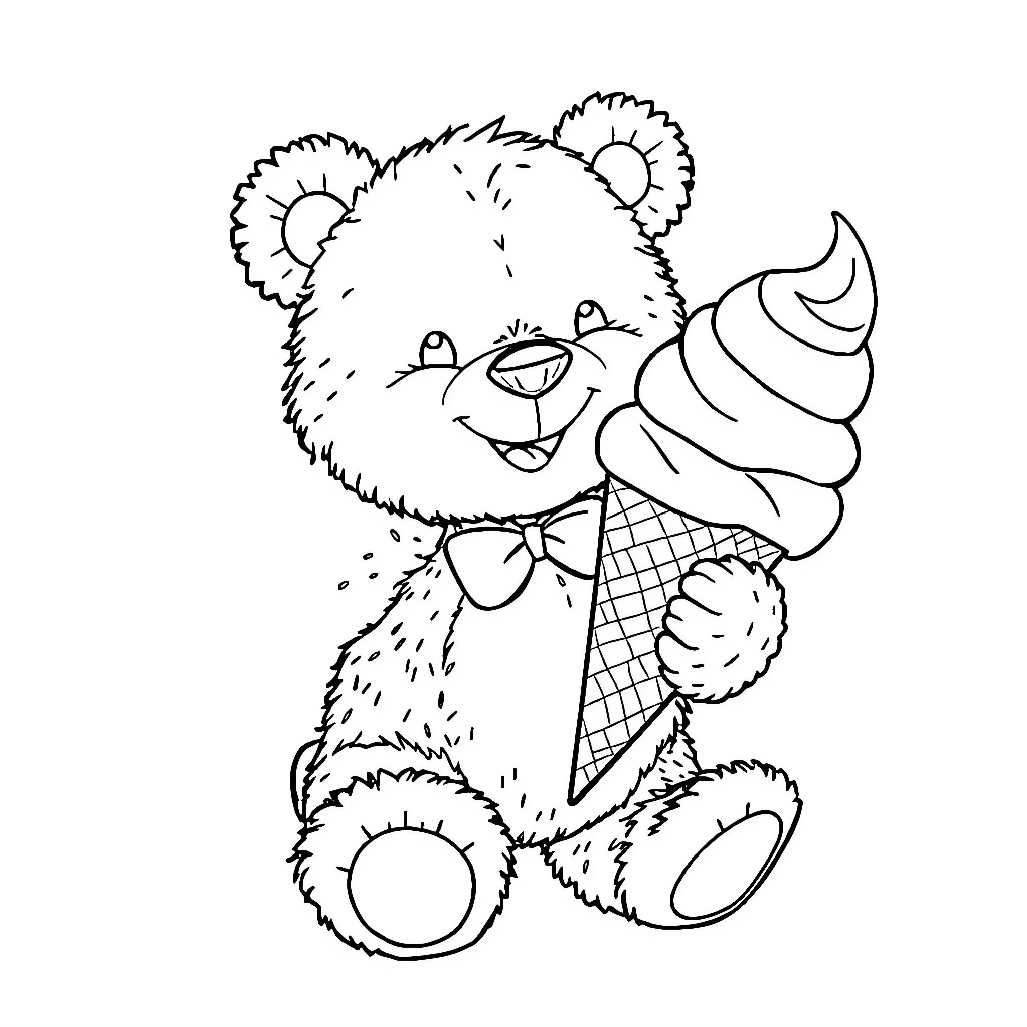 Teddy Bear Enjoying an Ice Cream Cone Coloring Page (free black-and-white line drawing printable PDF for all, from beginners to advanced learners, including children, teens, adults, and seniors)