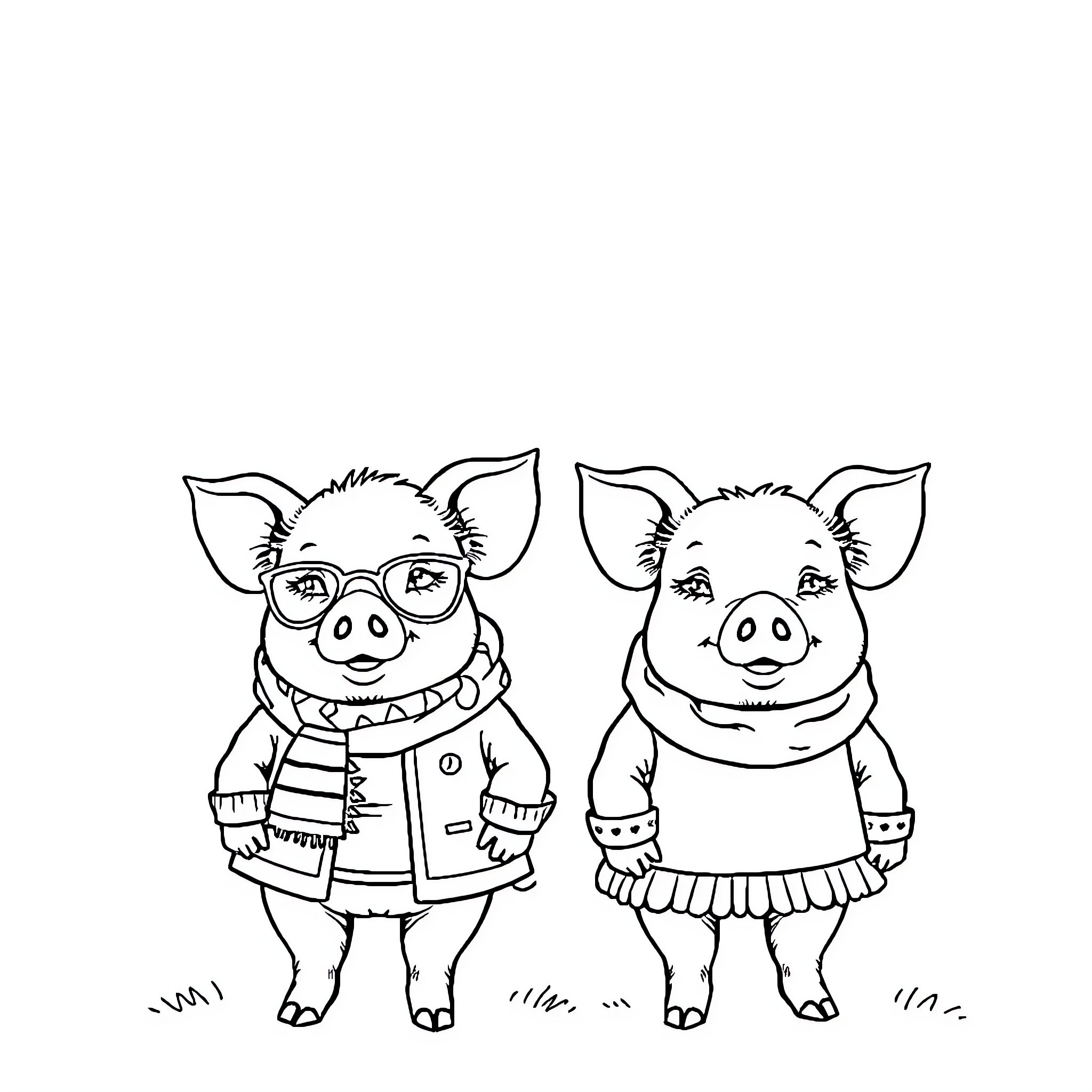 Pigs dressed warmly for winter weather Coloring Page (free black-and-white line drawing printable PDF for all, from beginners to advanced learners, including children, teens, adults, and seniors)