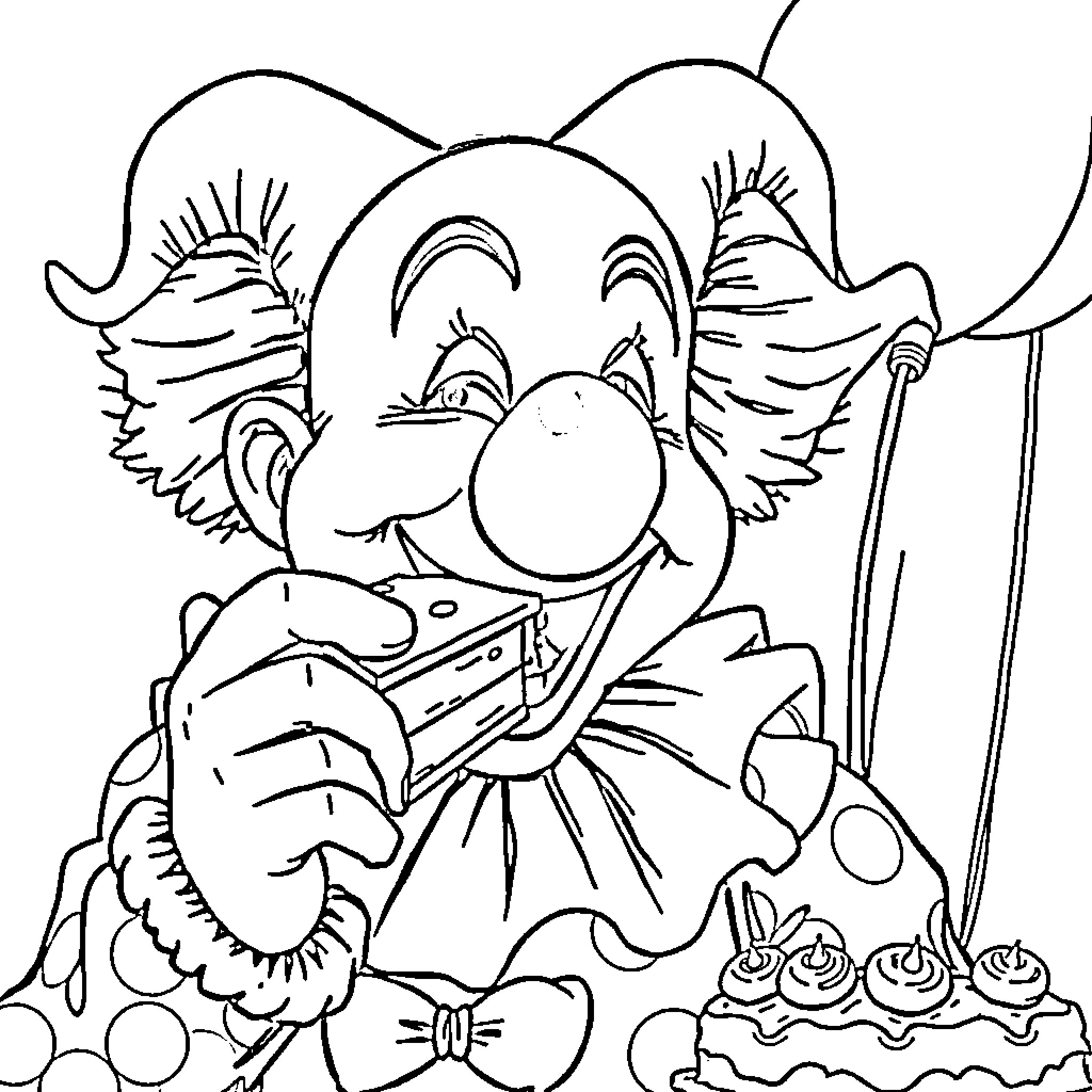 Clown entertains with silly antics and circus props Coloring Page (free black-and-white line drawing printable PDF for all, from beginners to advanced learners, including children, teens, adults, and seniors)