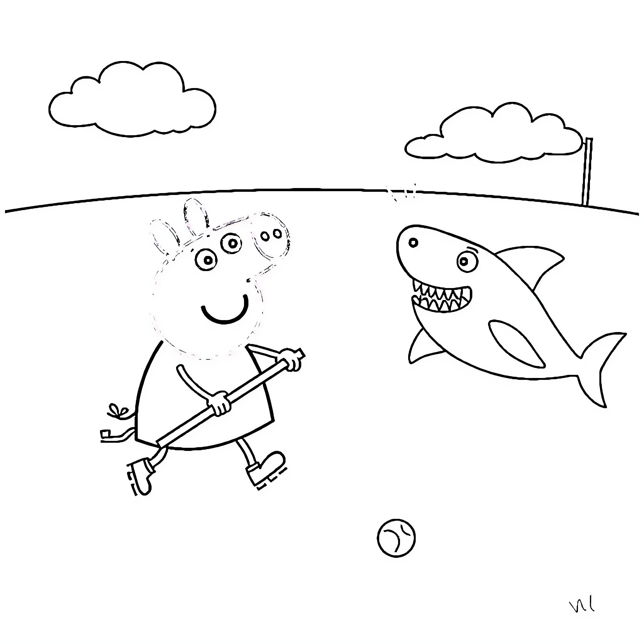 Peppa Pig playing with a shark on the beach Coloring Page (free black-and-white line drawing printable PDF for all, from beginners to advanced learners, including children, teens, adults, and seniors)