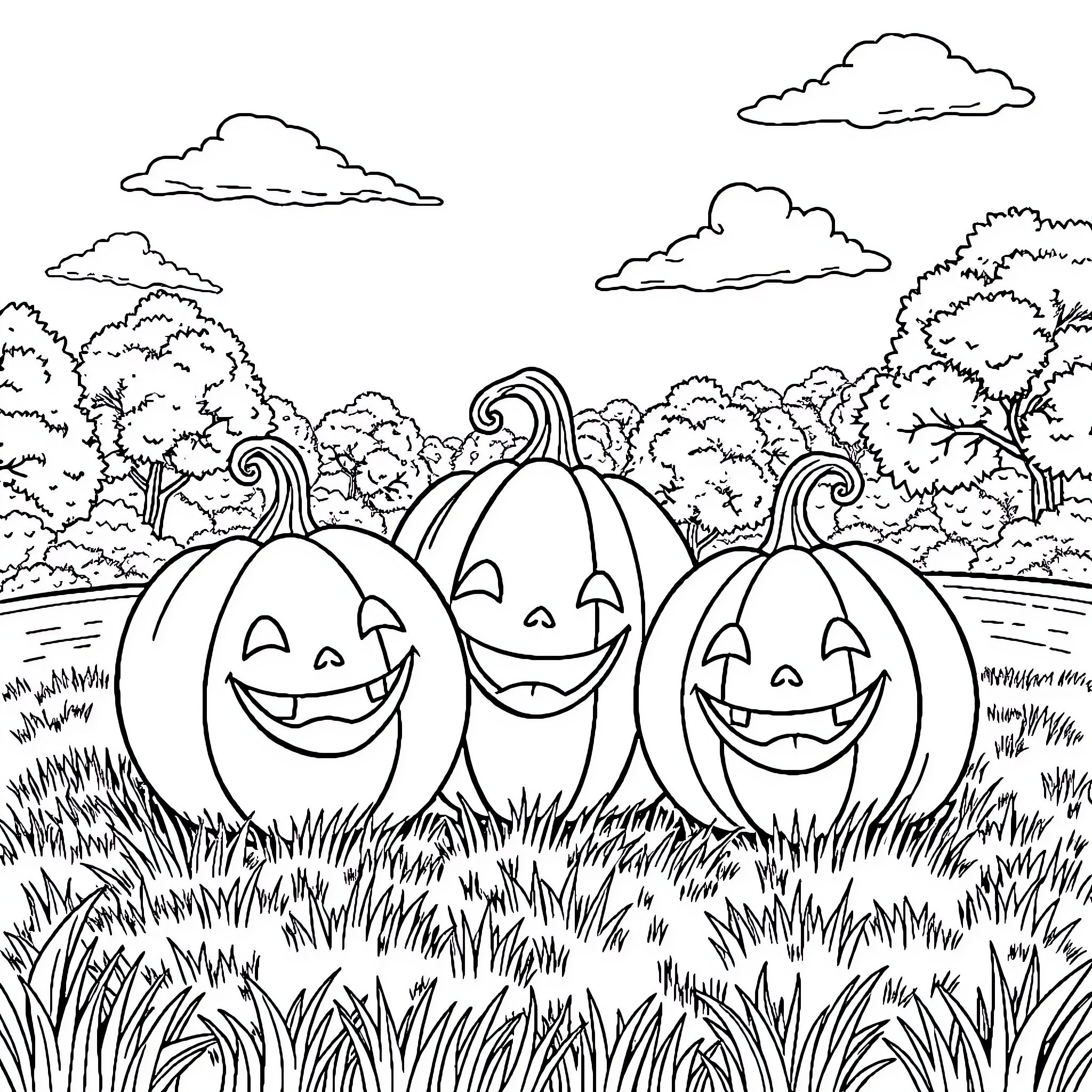 Pumpkins enjoying a sunny day in the park Coloring Page (free black-and-white line drawing printable PDF for all, from beginners to advanced learners, including children, teens, adults, and seniors)