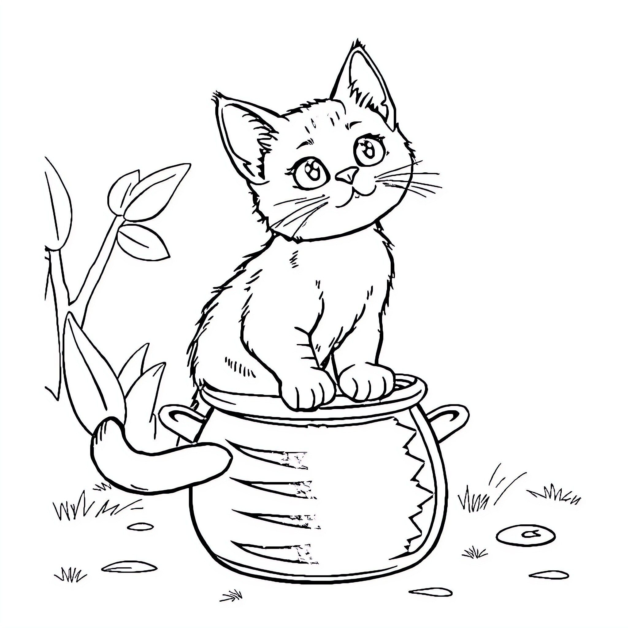 Cat relaxing in a flower pot Coloring Page (free black-and-white line drawing printable PDF for all, from beginners to advanced learners, including children, teens, adults, and seniors)