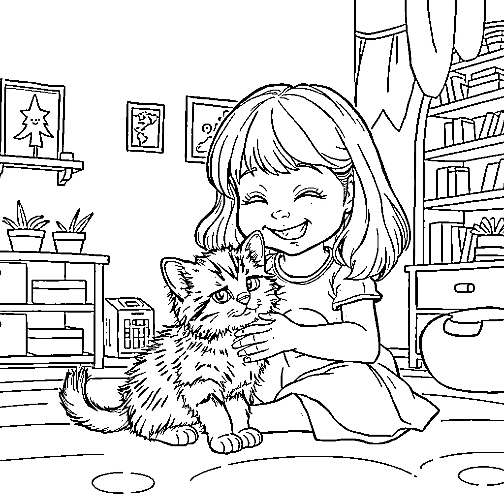 Girl hugging and playing with her pet cat Coloring Page (free black-and-white line drawing printable PDF for all, from beginners to advanced learners, including children, teens, adults, and seniors)