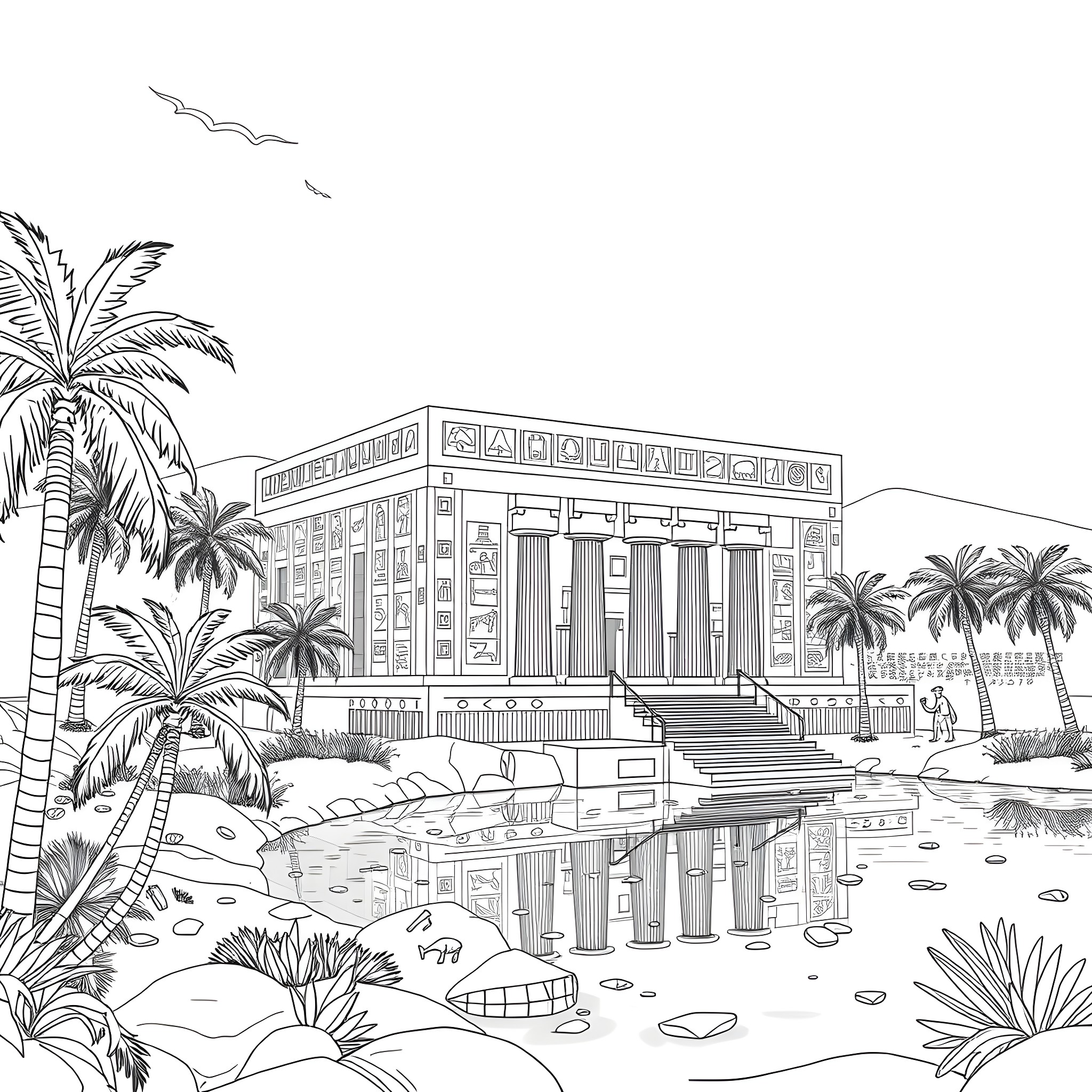 Temple Surrounded by Lush Tropical Scenery Coloring Page (free black-and-white line drawing printable PDF for all, from beginners to advanced learners, including children, teens, adults, and seniors)
