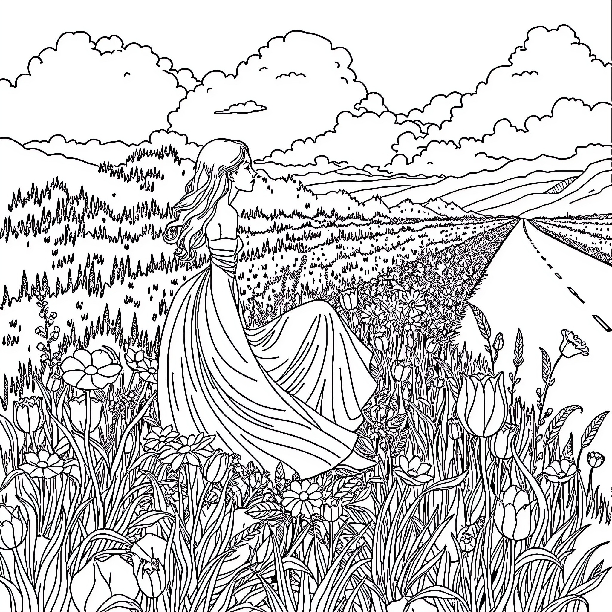 Woman strolling through a lush, natural landscape Coloring Page (free black-and-white line drawing printable PDF for all, from beginners to advanced learners, including children, teens, adults, and seniors)
