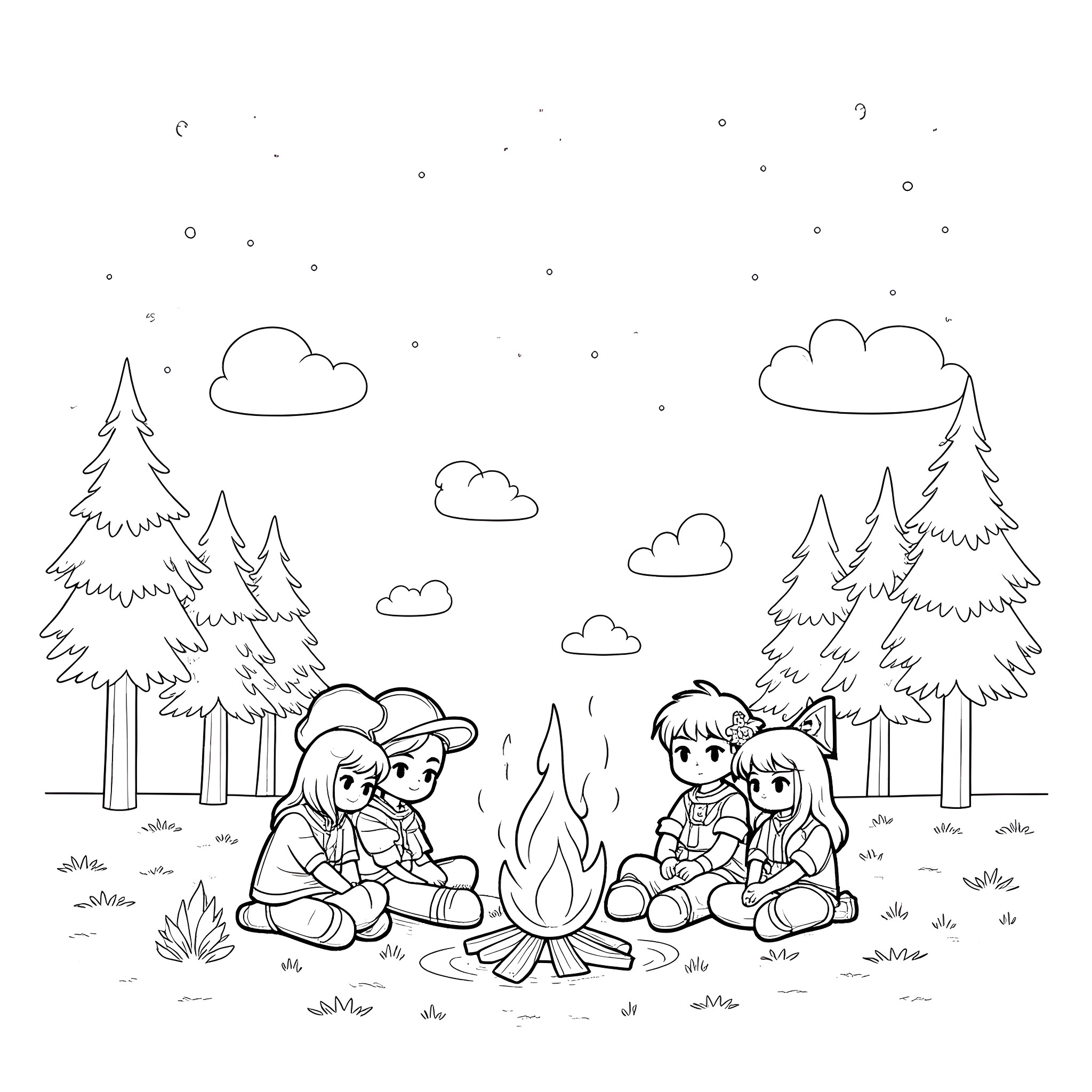 Chrono Trigger characters camping in the forest Coloring Page (free black-and-white line drawing printable PDF for all, from beginners to advanced learners, including children, teens, adults, and seniors)