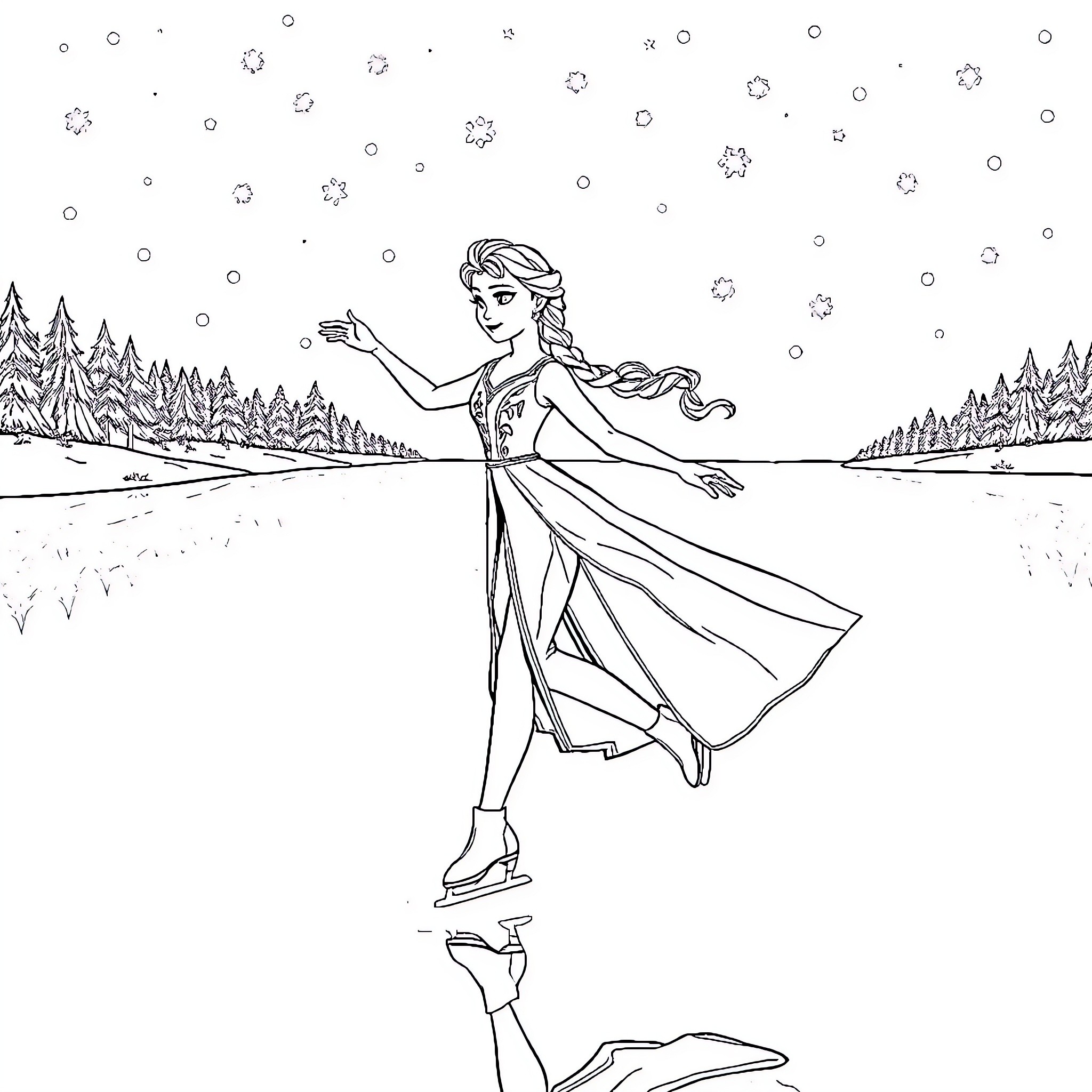 Elsa gliding gracefully on a frozen lake Coloring Page (free black-and-white line drawing printable PDF for all, from beginners to advanced learners, including children, teens, adults, and seniors)