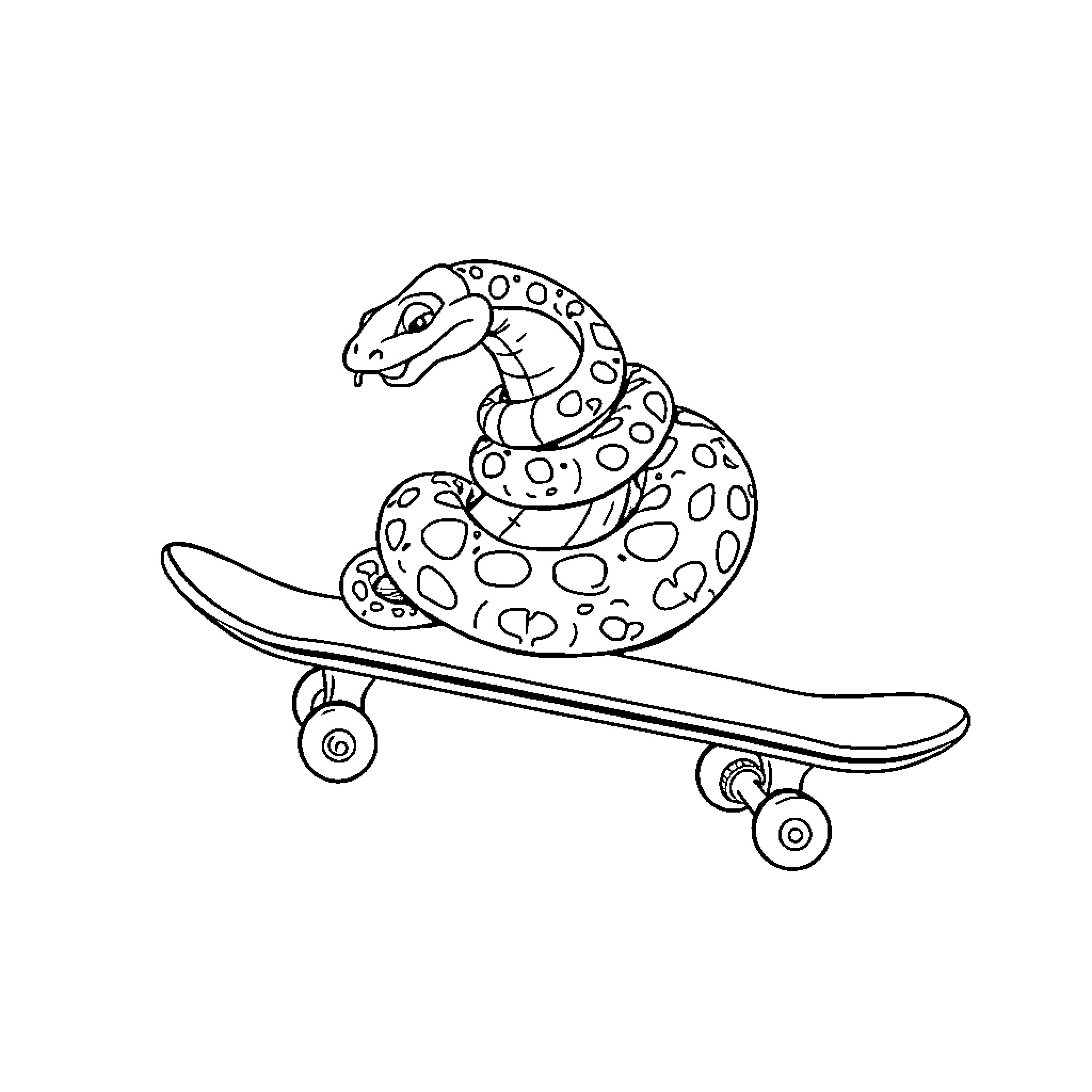 Snake riding skateboard with patterns Coloring Page (free black-and-white line drawing printable PDF for all, from beginners to advanced learners, including children, teens, adults, and seniors)