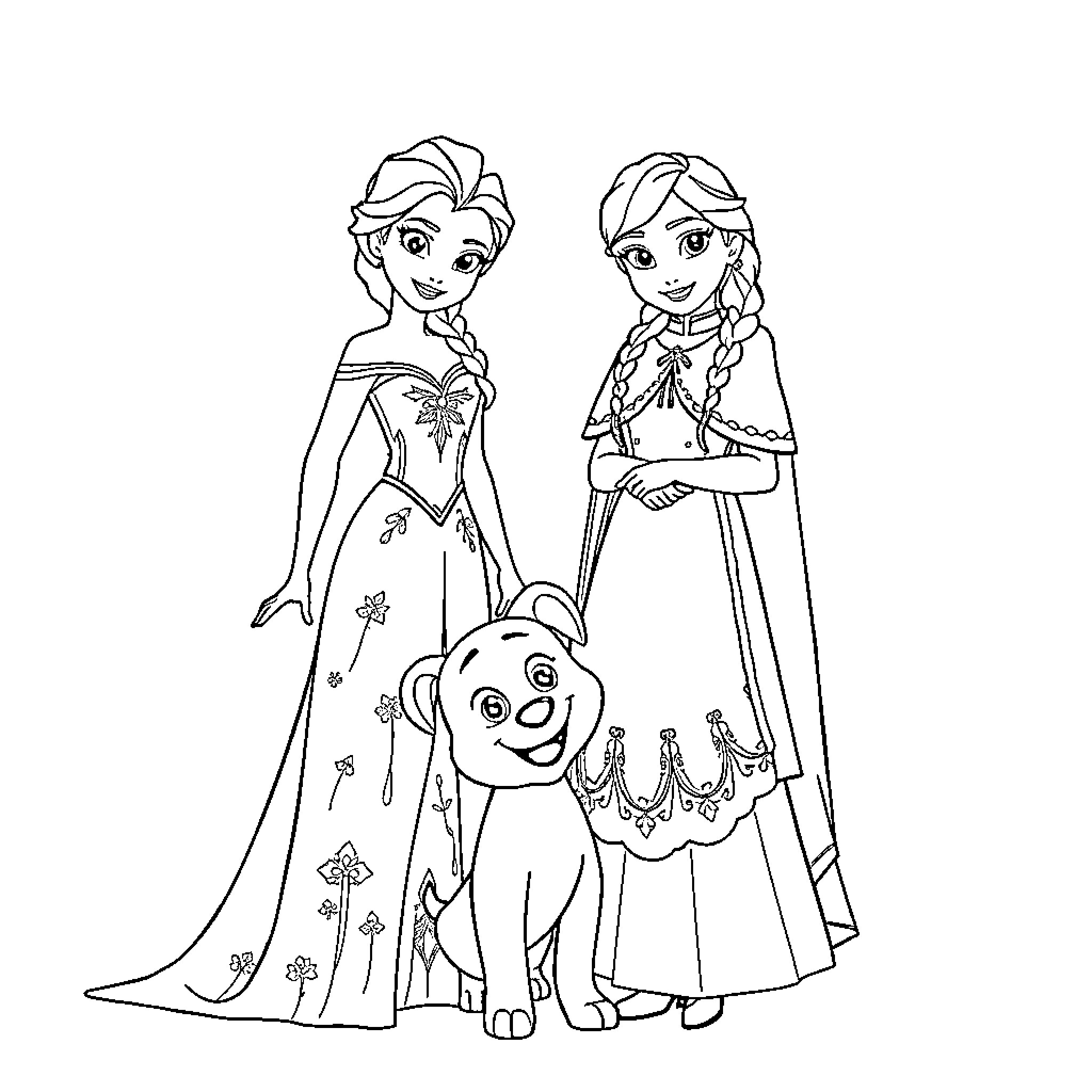 Elsa and Anna in Elegant Winter Attire Coloring Page (free black-and-white line drawing printable PDF for all, from beginners to advanced learners, including children, teens, adults, and seniors)