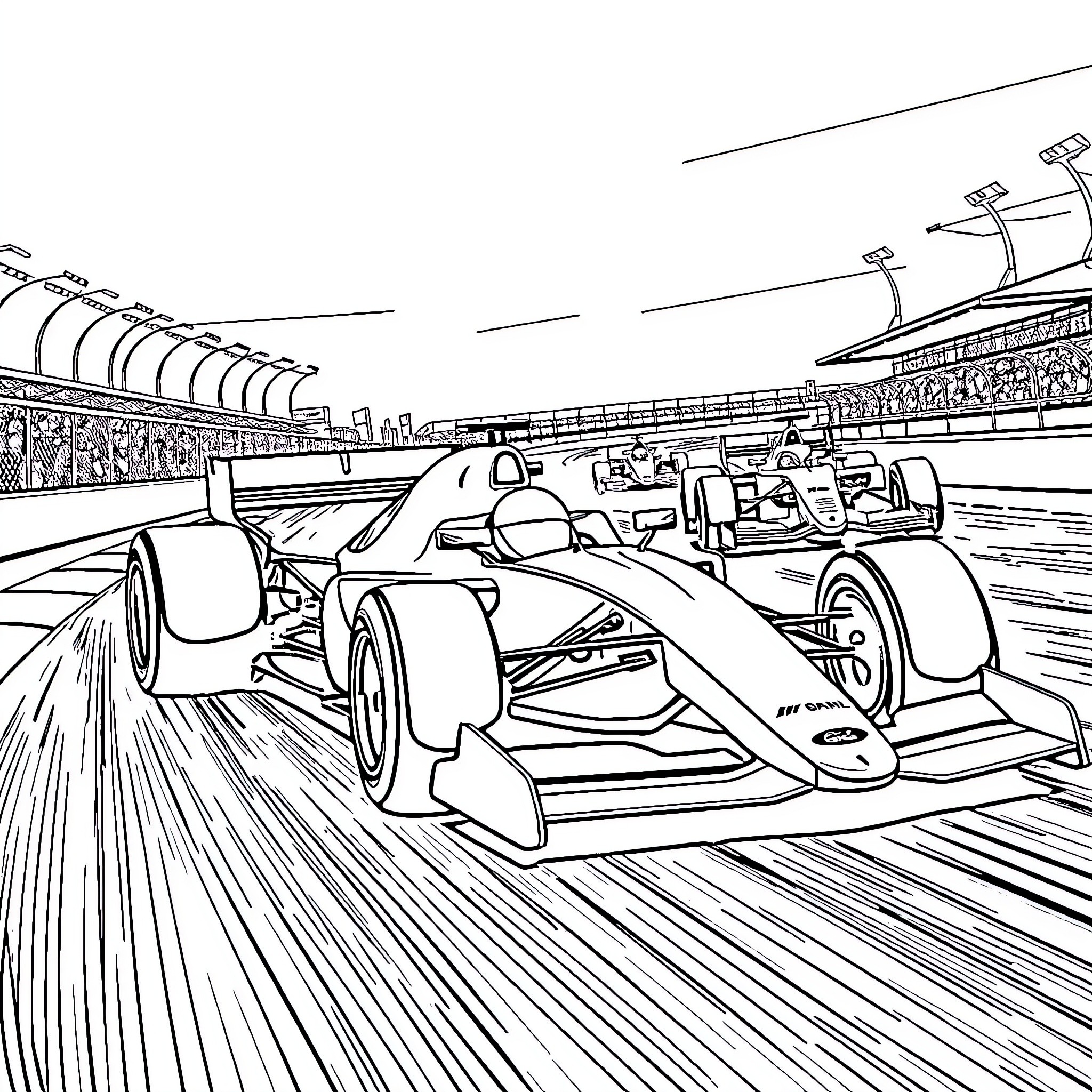 Formula 1 Racing Cars Speeding on the Track Coloring Page (free black-and-white line drawing printable PDF for all, from beginners to advanced learners, including children, teens, adults, and seniors)
