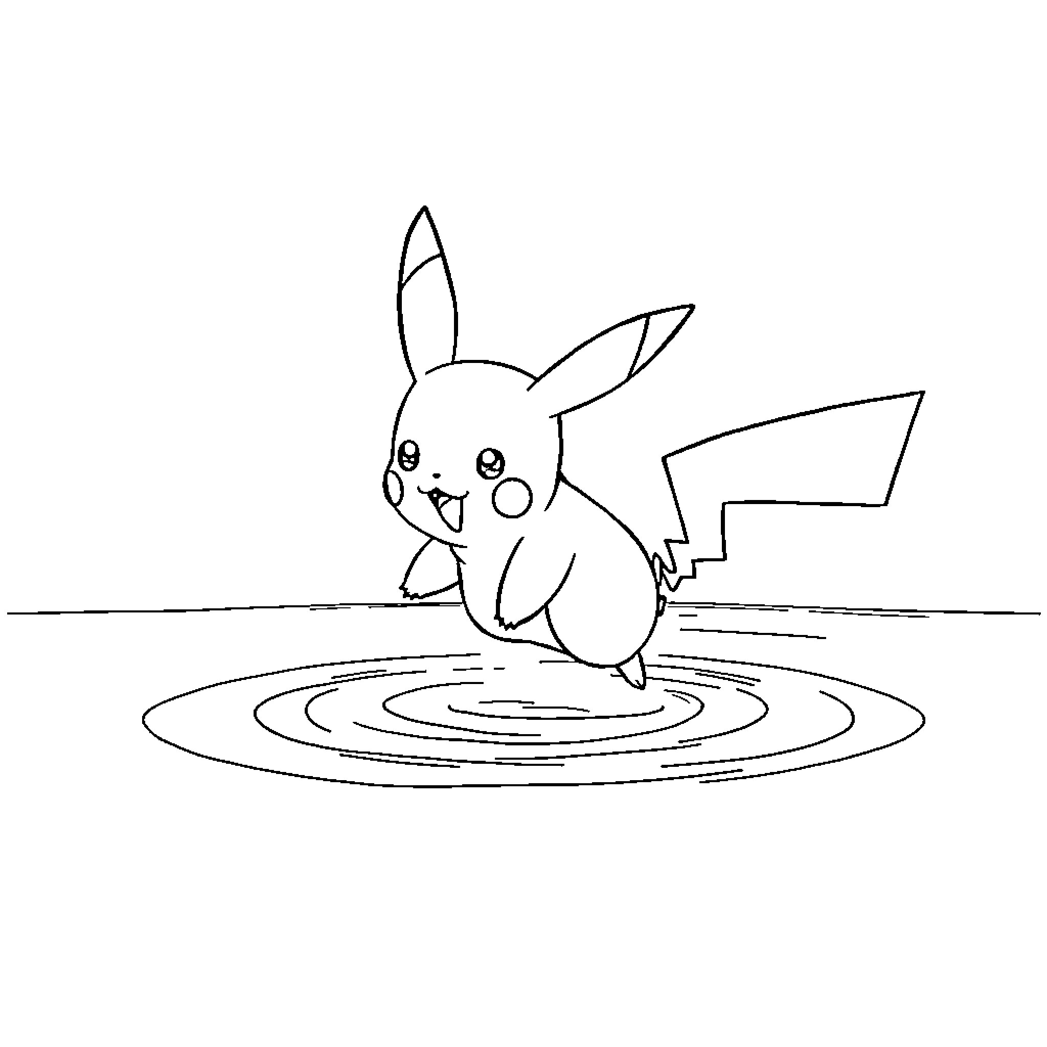 Pikachu splashing in the water Coloring Page (free black-and-white line drawing printable PDF for all, from beginners to advanced learners, including children, teens, adults, and seniors)