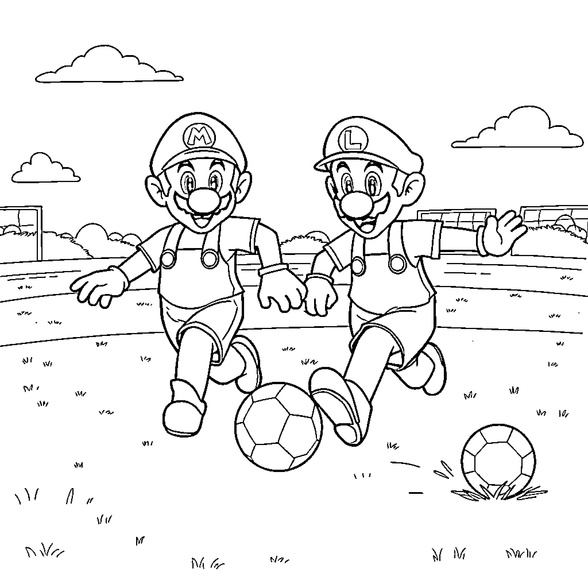 Mario and Luigi playing soccer in the park Coloring Page (free black-and-white line drawing printable PDF for all, from beginners to advanced learners, including children, teens, adults, and seniors)