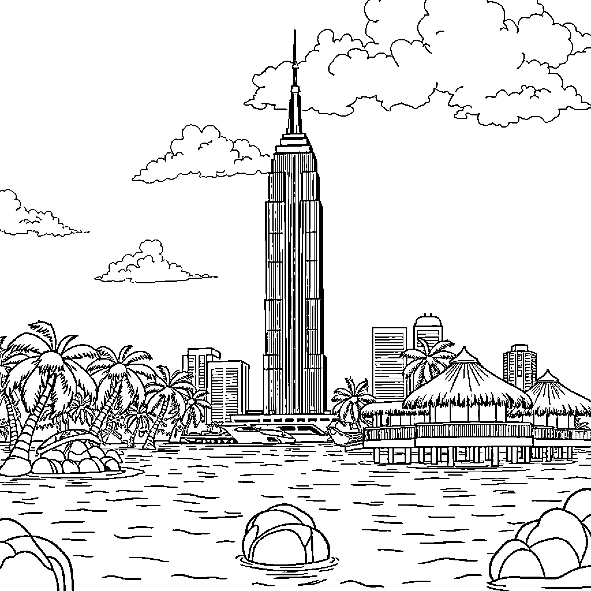 Empire State Building towering over tropical beach scene Coloring Page (free black-and-white line drawing printable PDF for all, from beginners to advanced learners, including children, teens, adults, and seniors)