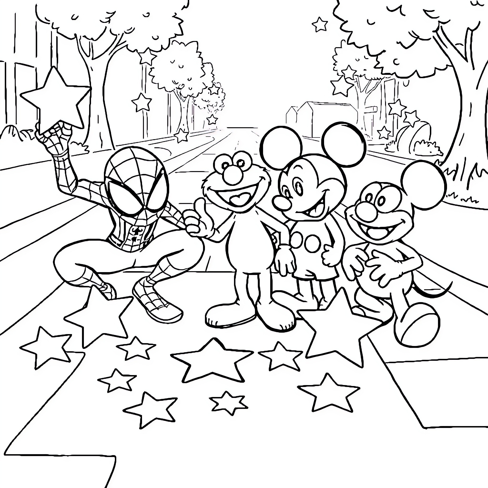 Spiderman and friends celebrate in a magical forest Coloring Page (free black-and-white line drawing printable PDF for all, from beginners to advanced learners, including children, teens, adults, and seniors)
