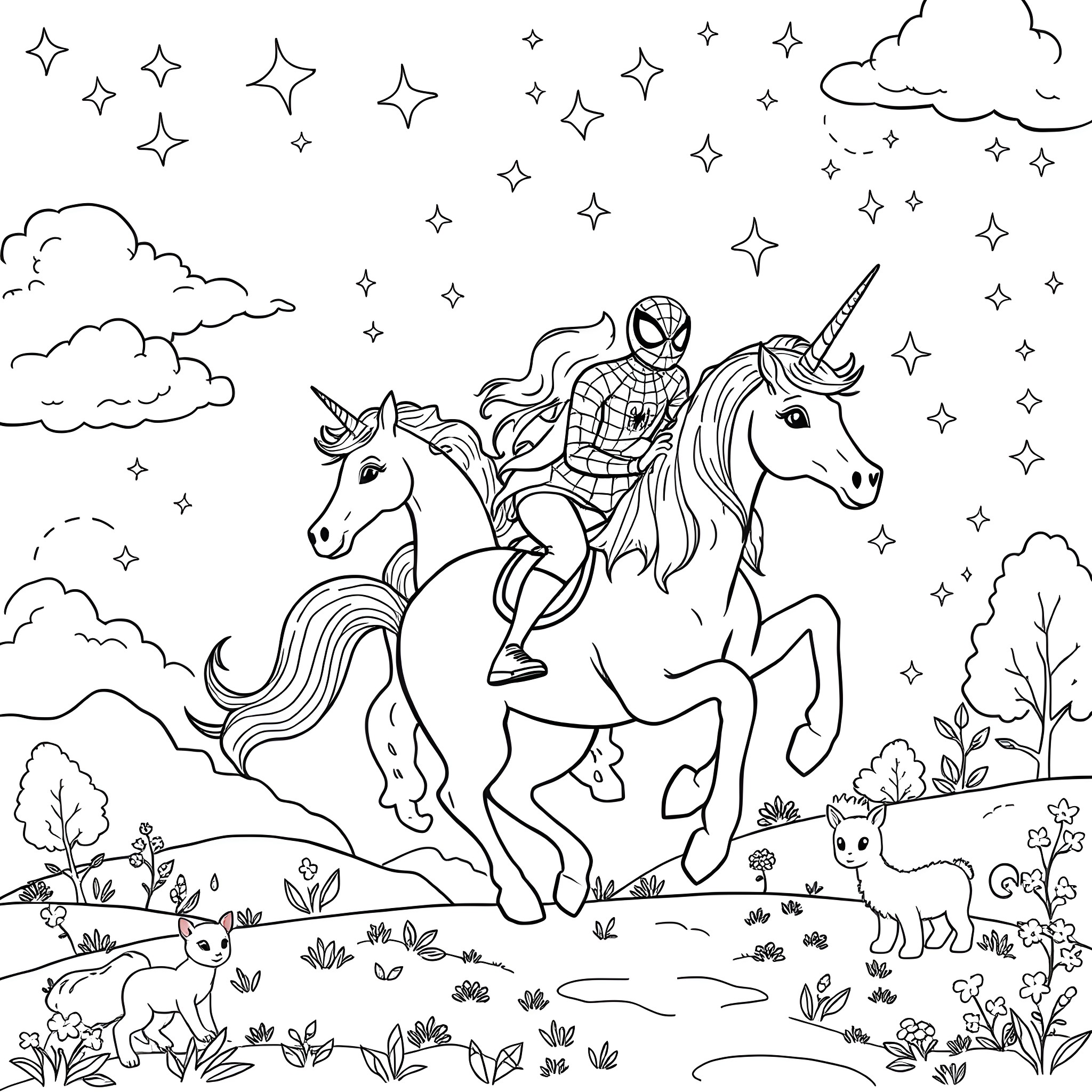 Spider-Man riding a unicorn through a magical forest Coloring Page (free black-and-white line drawing printable PDF for all, from beginners to advanced learners, including children, teens, adults, and seniors)