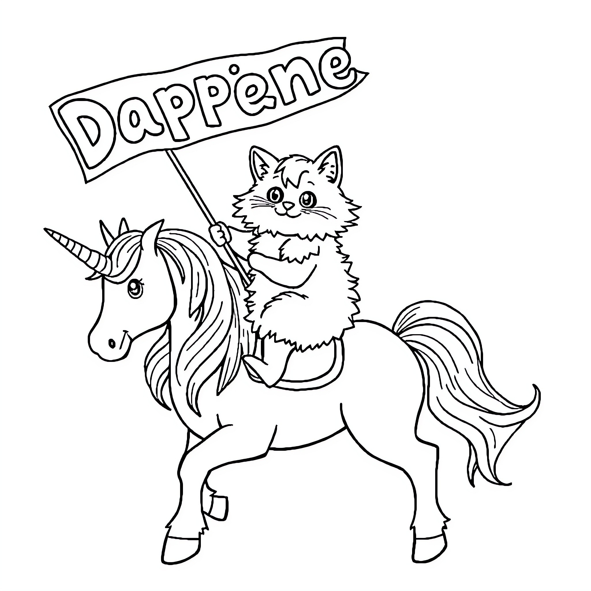 Cat riding a unicorn with Dappene sign Coloring Page (free black-and-white line drawing printable PDF for all, from beginners to advanced learners, including children, teens, adults, and seniors)