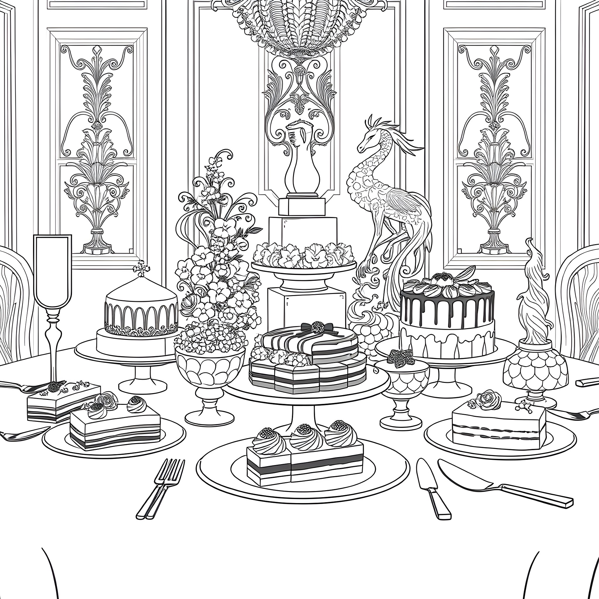 Dessert Delights in an Elegant Setting Coloring Page (free black-and-white line drawing printable PDF for all, from beginners to advanced learners, including children, teens, adults, and seniors)