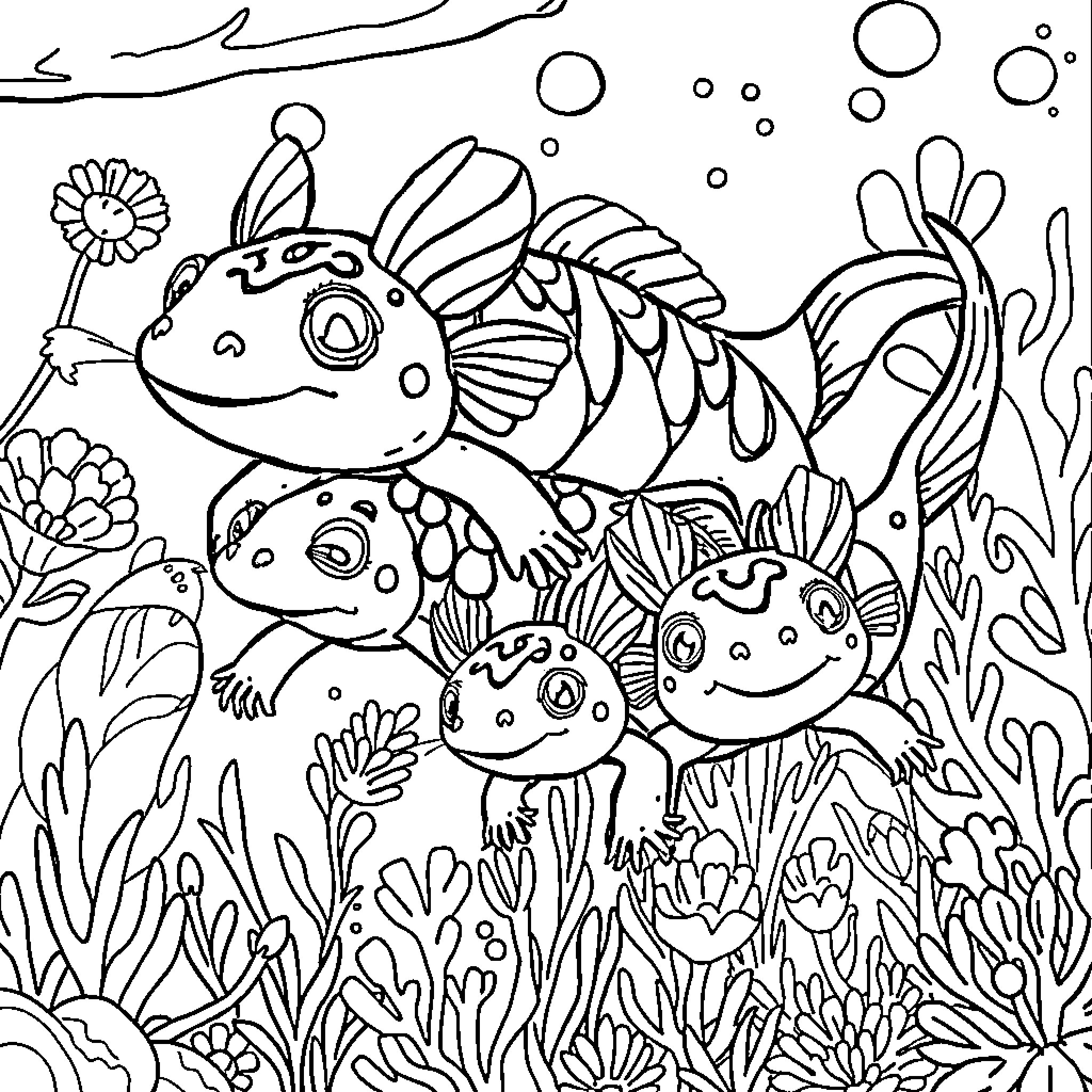 Axolotl friends exploring the underwater garden Coloring Page (free black-and-white line drawing printable PDF for all, from beginners to advanced learners, including children, teens, adults, and seniors)
