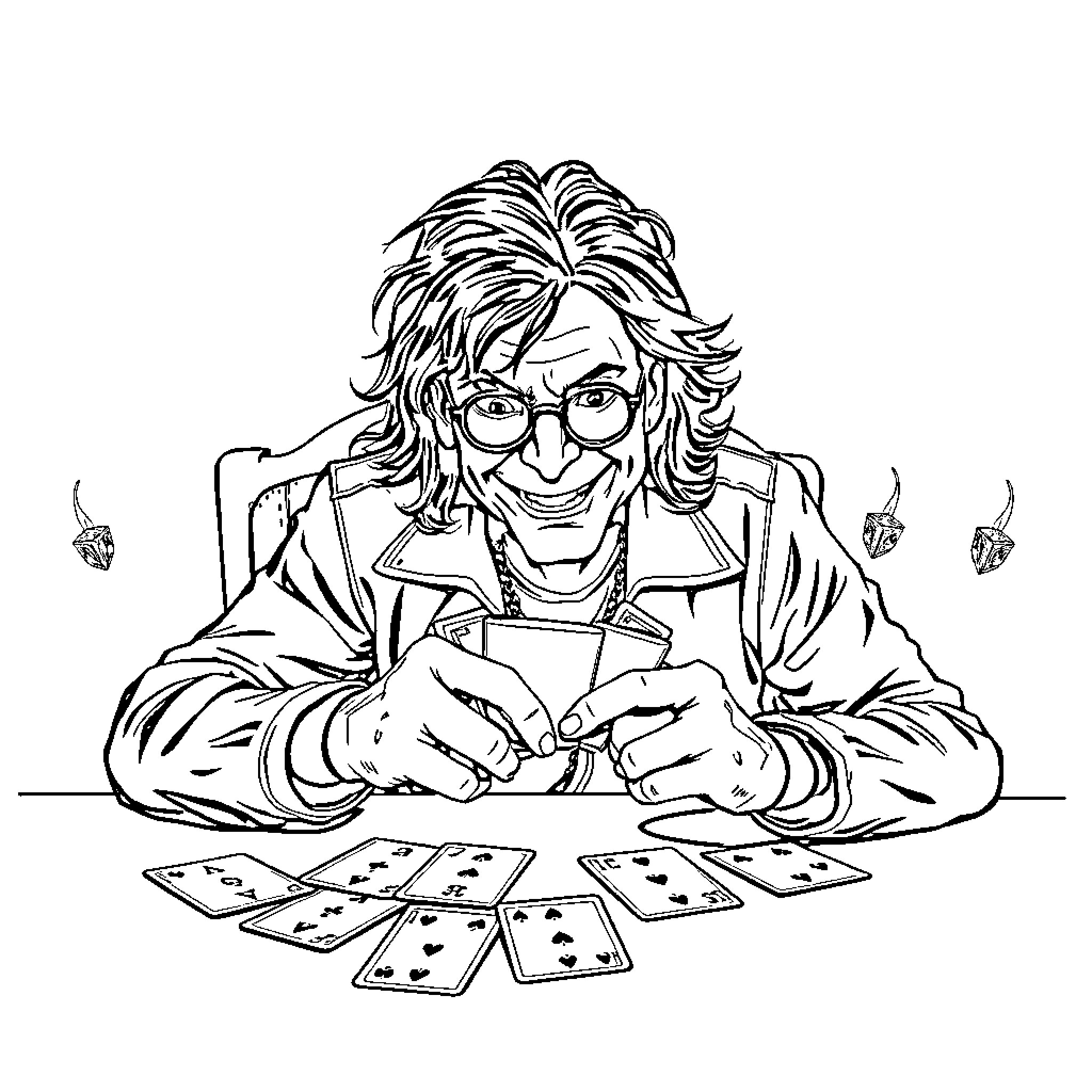 Ozzy Osbourne Playing Poker with Enthusiasm Coloring Page (free black-and-white line drawing printable PDF for all, from beginners to advanced learners, including children, teens, adults, and seniors)