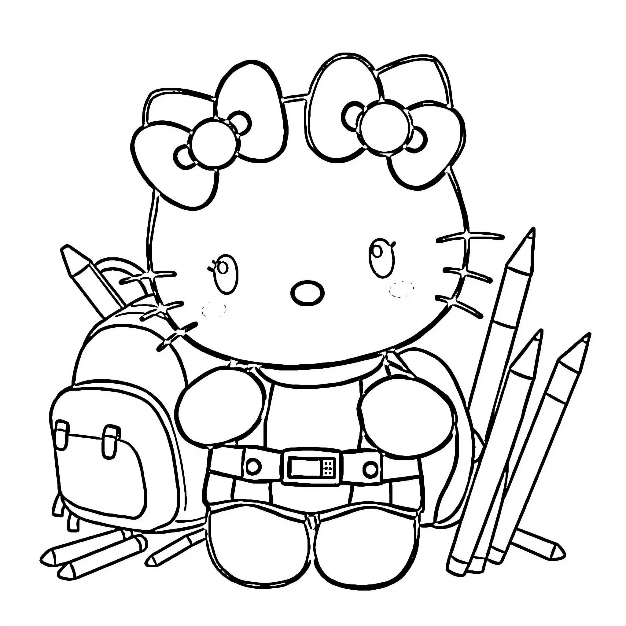 Hello Kitty with school supplies Coloring Page (free black-and-white line drawing printable PDF for all, from beginners to advanced learners, including children, teens, adults, and seniors)