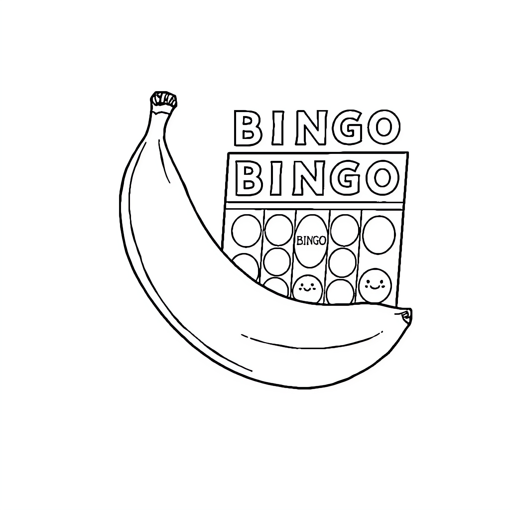 Banana playing Bingo game Coloring Page (free black-and-white line drawing printable PDF for all, from beginners to advanced learners, including children, teens, adults, and seniors)