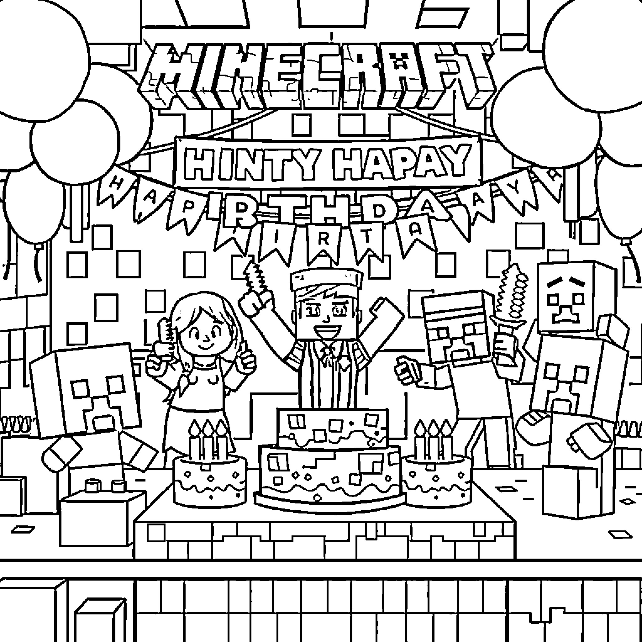 Minecraft Birthday Party Celebration Coloring Page (free black-and-white line drawing printable PDF for all, from beginners to advanced learners, including children, teens, adults, and seniors)