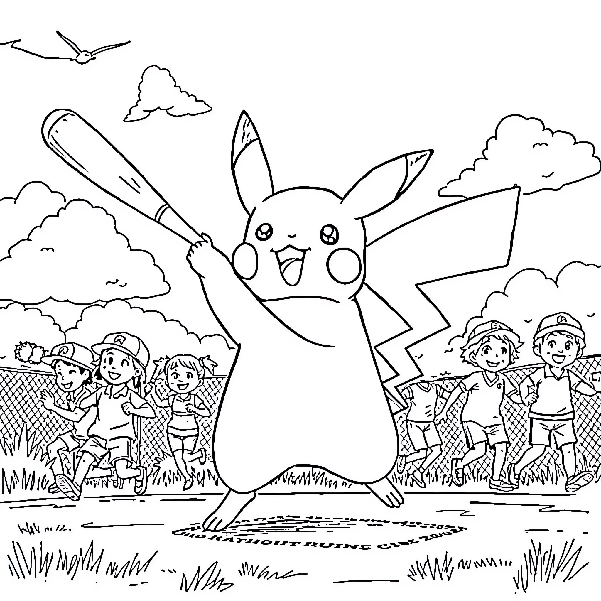 Pikachu playing happily with children in the park Coloring Page (free black-and-white line drawing printable PDF for all, from beginners to advanced learners, including children, teens, adults, and seniors)