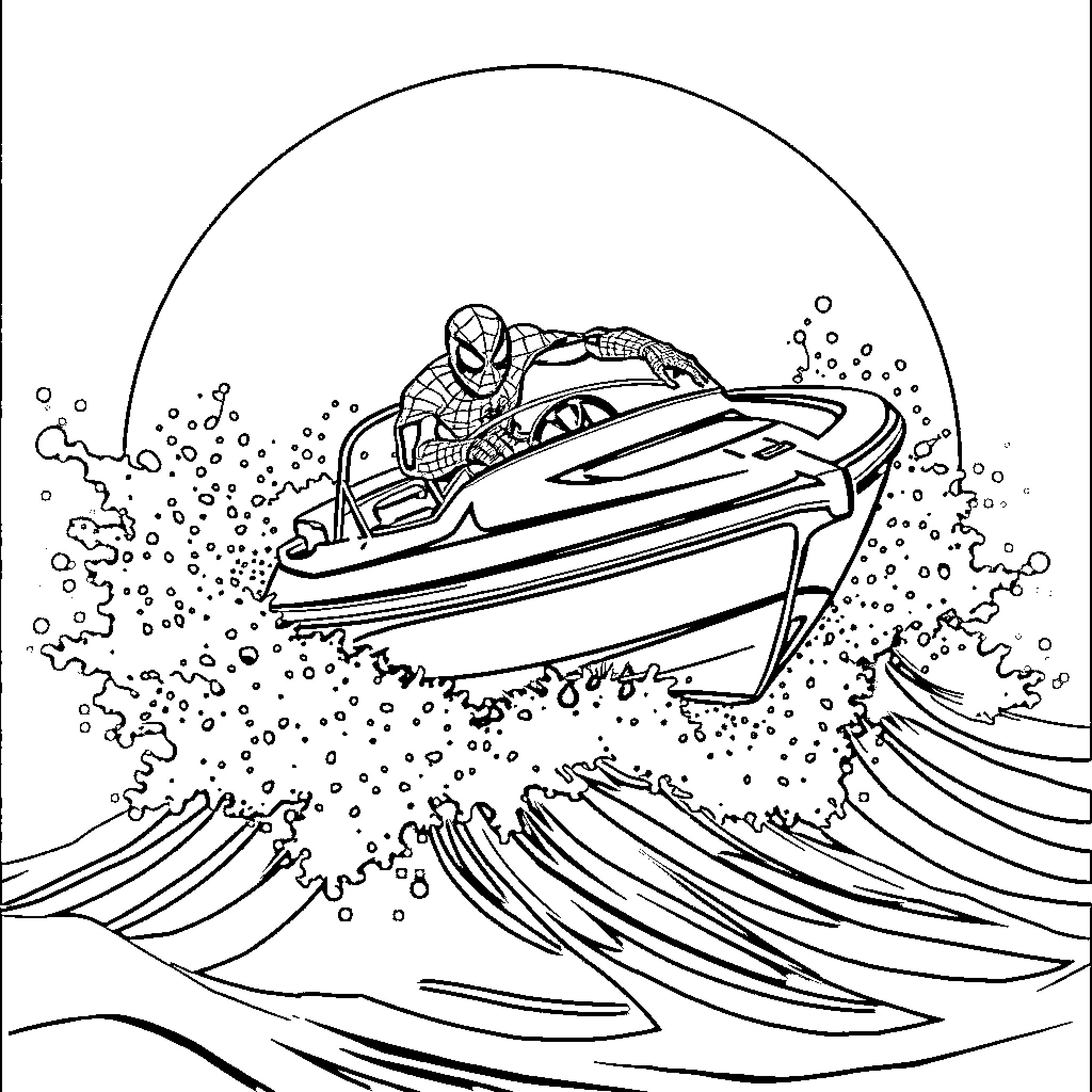 Spiderman riding a jetski on the waves Coloring Page (free black-and-white line drawing printable PDF for all, from beginners to advanced learners, including children, teens, adults, and seniors)