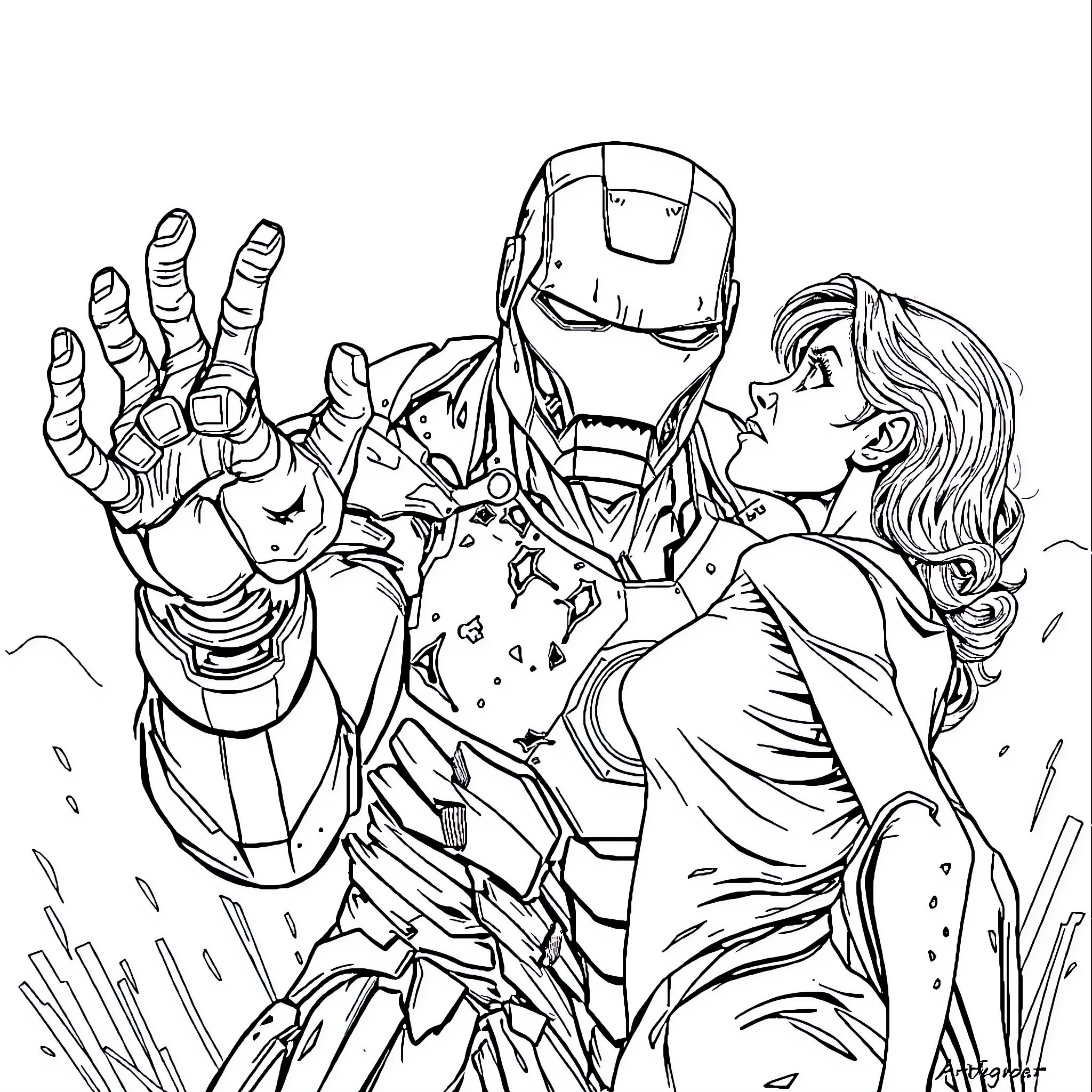 Zombie Ironman battles damaged hero in action-packed scene Coloring Page (free black-and-white line drawing printable PDF for all, from beginners to advanced learners, including children, teens, adults, and seniors)