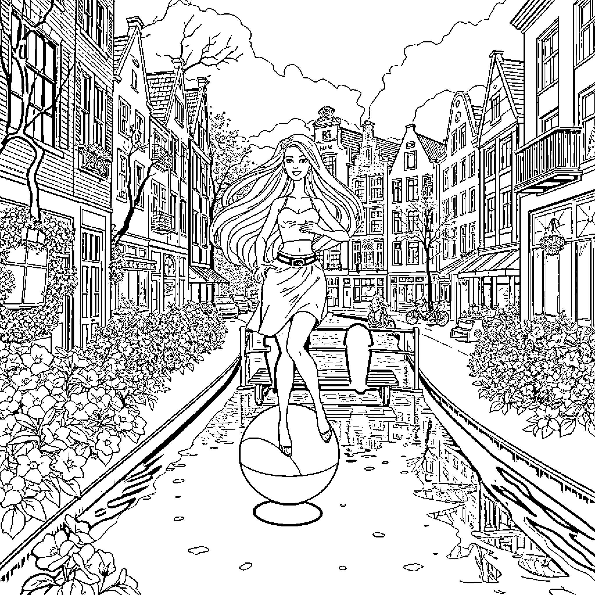 Barbie exploring a quaint European town Coloring Page (free black-and-white line drawing printable PDF for all, from beginners to advanced learners, including children, teens, adults, and seniors)