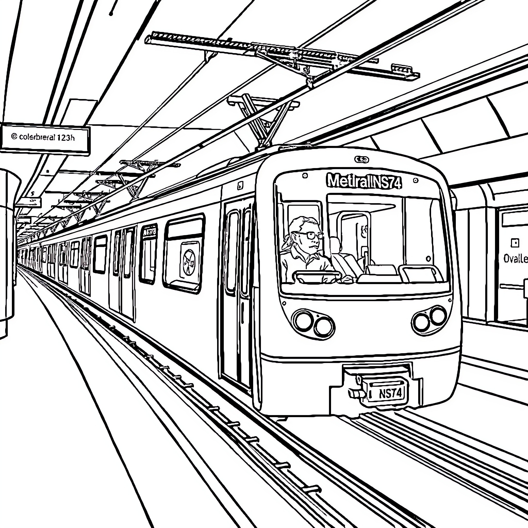 Train commuter in modern railway station Coloring Page (free black-and-white line drawing printable PDF for all, from beginners to advanced learners, including children, teens, adults, and seniors)