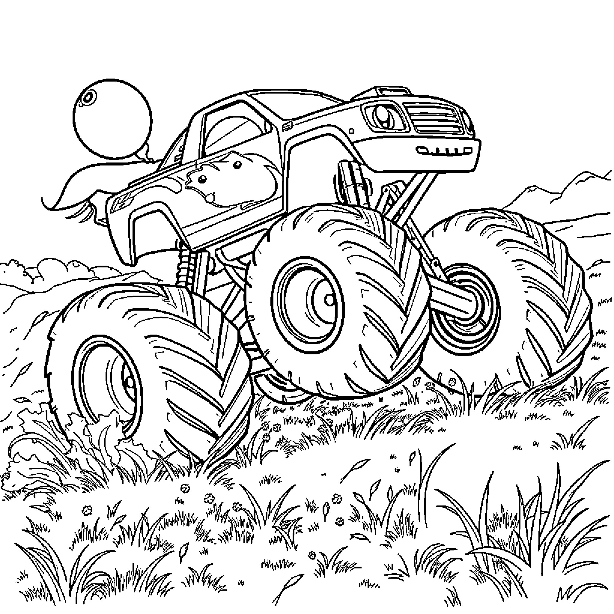 Blaze exploring rugged terrain in monster truck Coloring Page (free black-and-white line drawing printable PDF for all, from beginners to advanced learners, including children, teens, adults, and seniors)