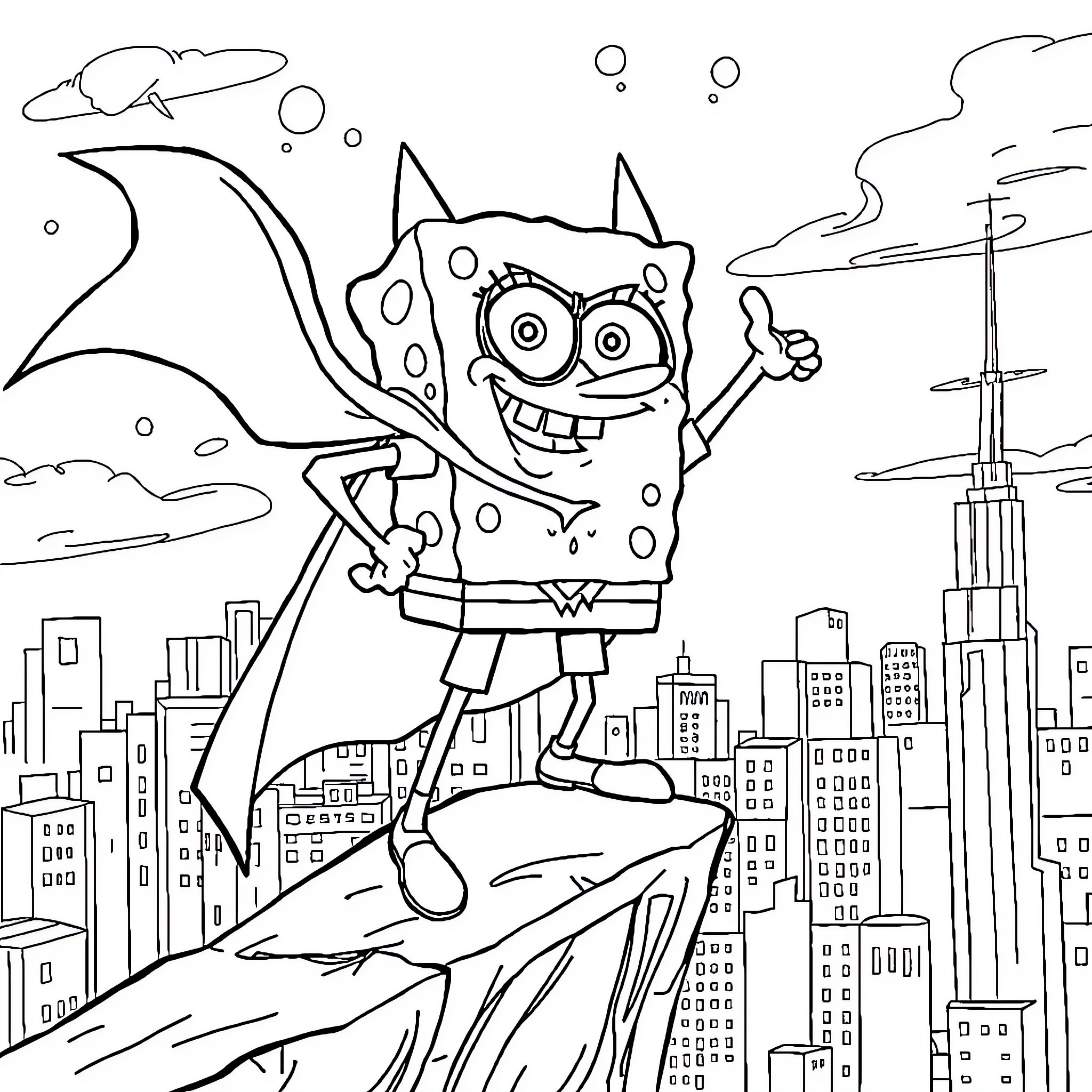 Batman-inspired character exploring the city skyline Coloring Page (free black-and-white line drawing printable PDF for all, from beginners to advanced learners, including children, teens, adults, and seniors)