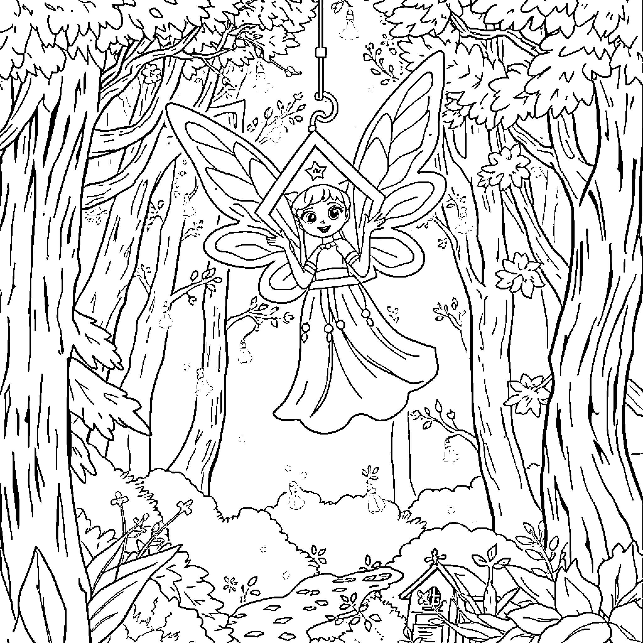 Carla the Fairy in Enchanted Forest Coloring Page (free black-and-white line drawing printable PDF for all, from beginners to advanced learners, including children, teens, adults, and seniors)