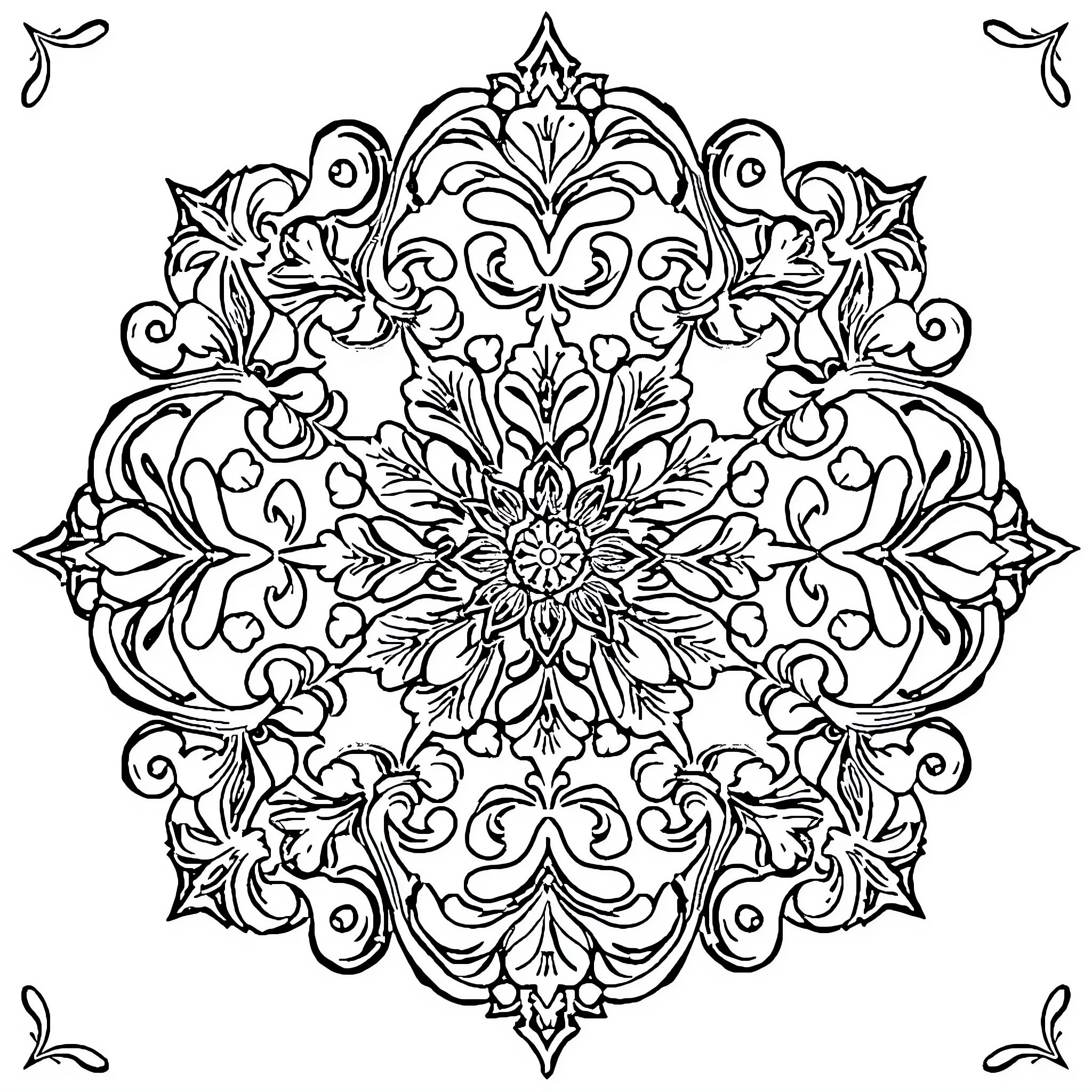 Scrollwork of Intricate Floral Patterns Coloring Page (free black-and-white line drawing printable PDF for all, from beginners to advanced learners, including children, teens, adults, and seniors)