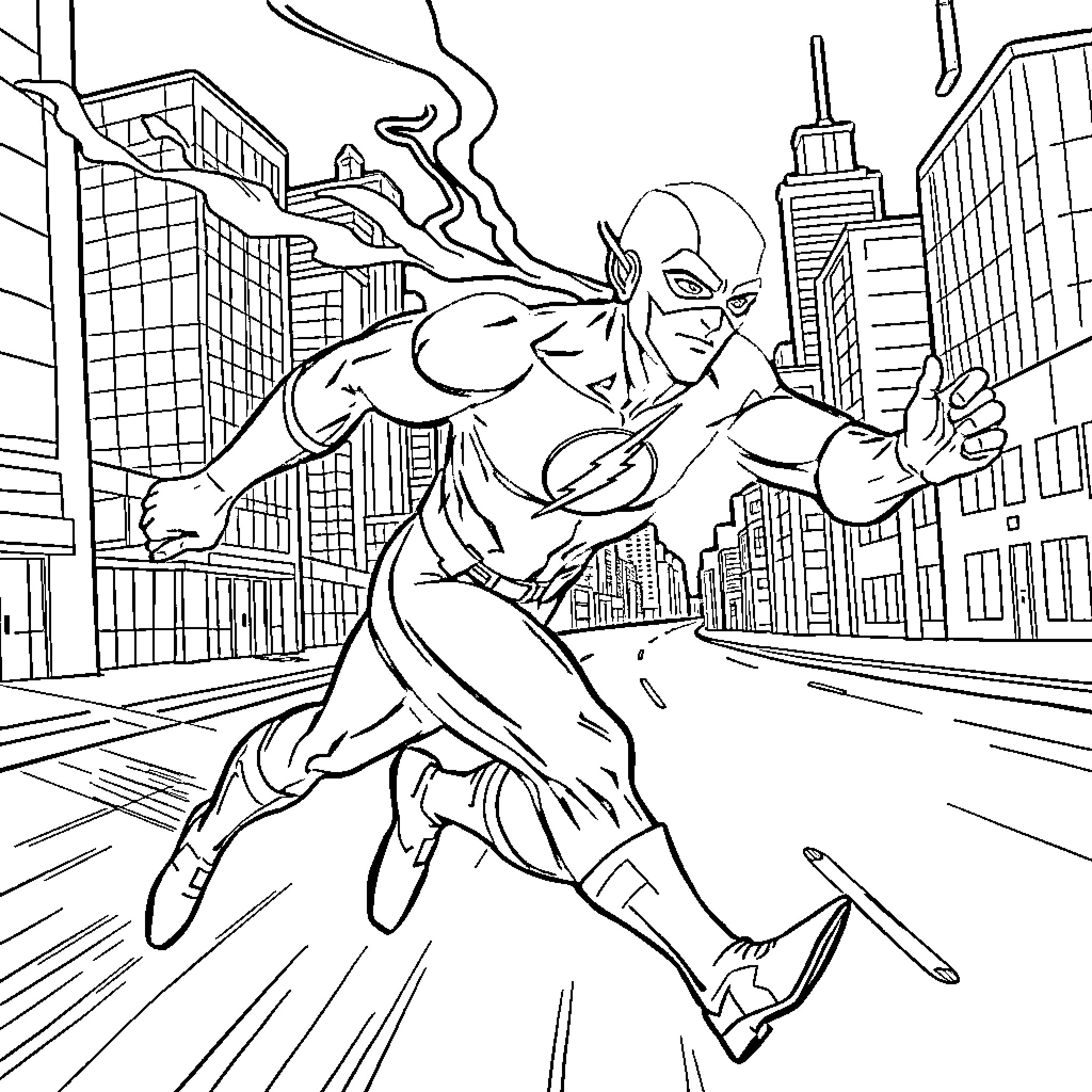Flash heroically soaring through the city skyline Coloring Page (free black-and-white line drawing printable PDF for all, from beginners to advanced learners, including children, teens, adults, and seniors)