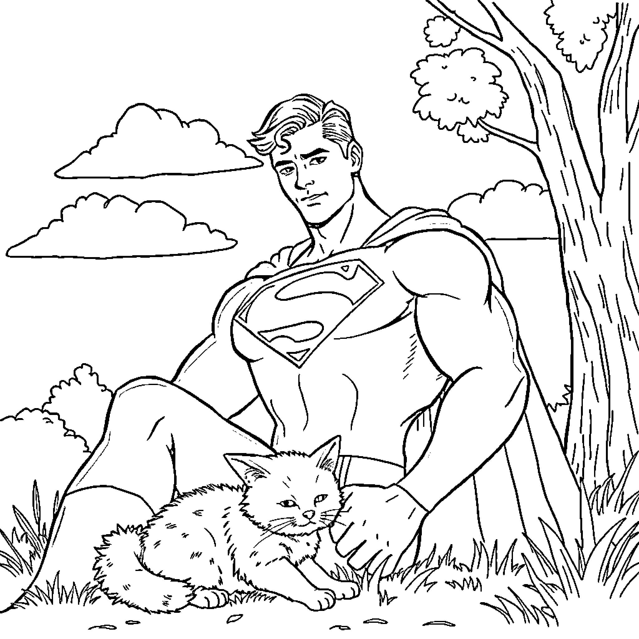 Superman resting with a kitten in a natural setting Coloring Page (free black-and-white line drawing printable PDF for all, from beginners to advanced learners, including children, teens, adults, and seniors)