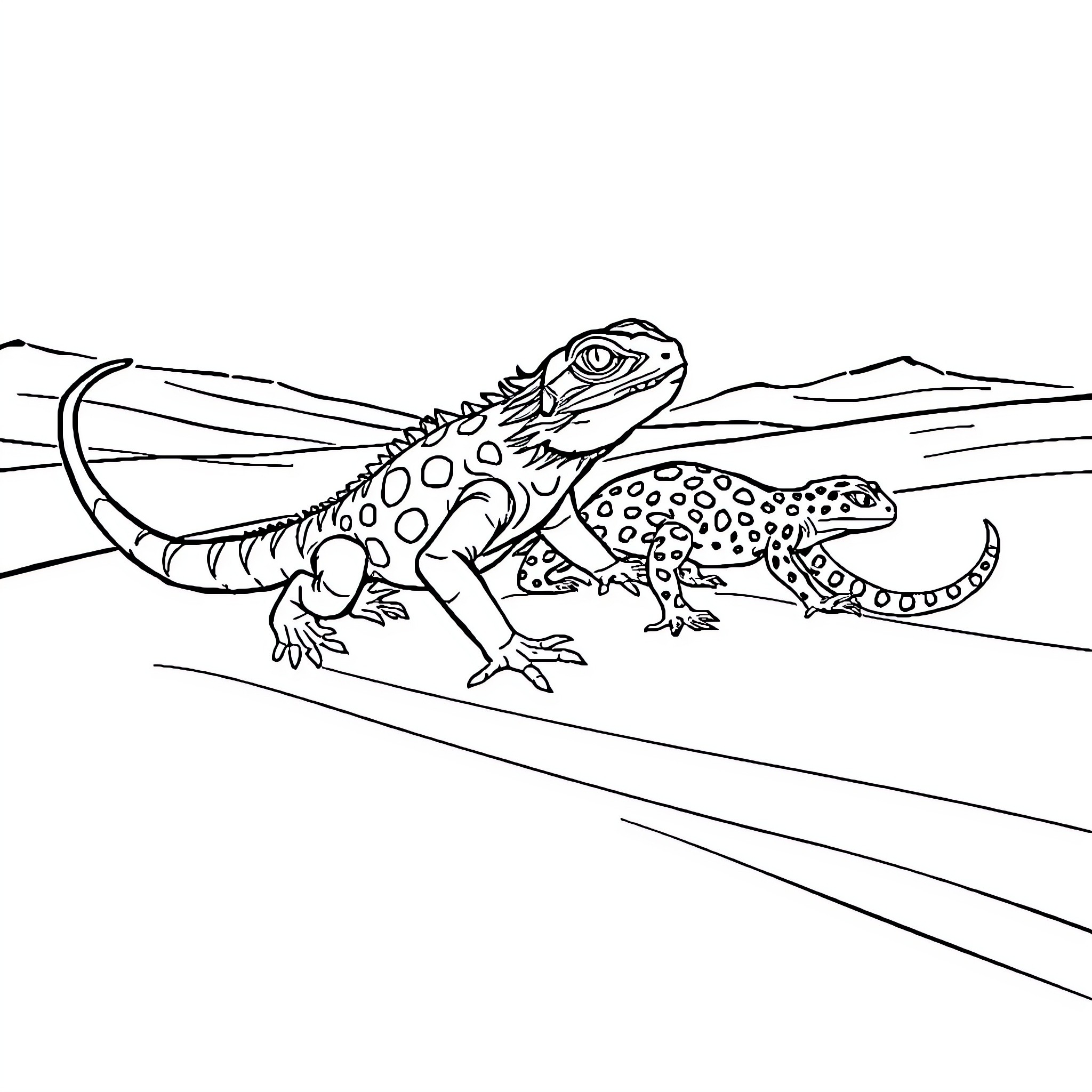 Lizard exploring the desert landscape Coloring Page (free black-and-white line drawing printable PDF for all, from beginners to advanced learners, including children, teens, adults, and seniors)