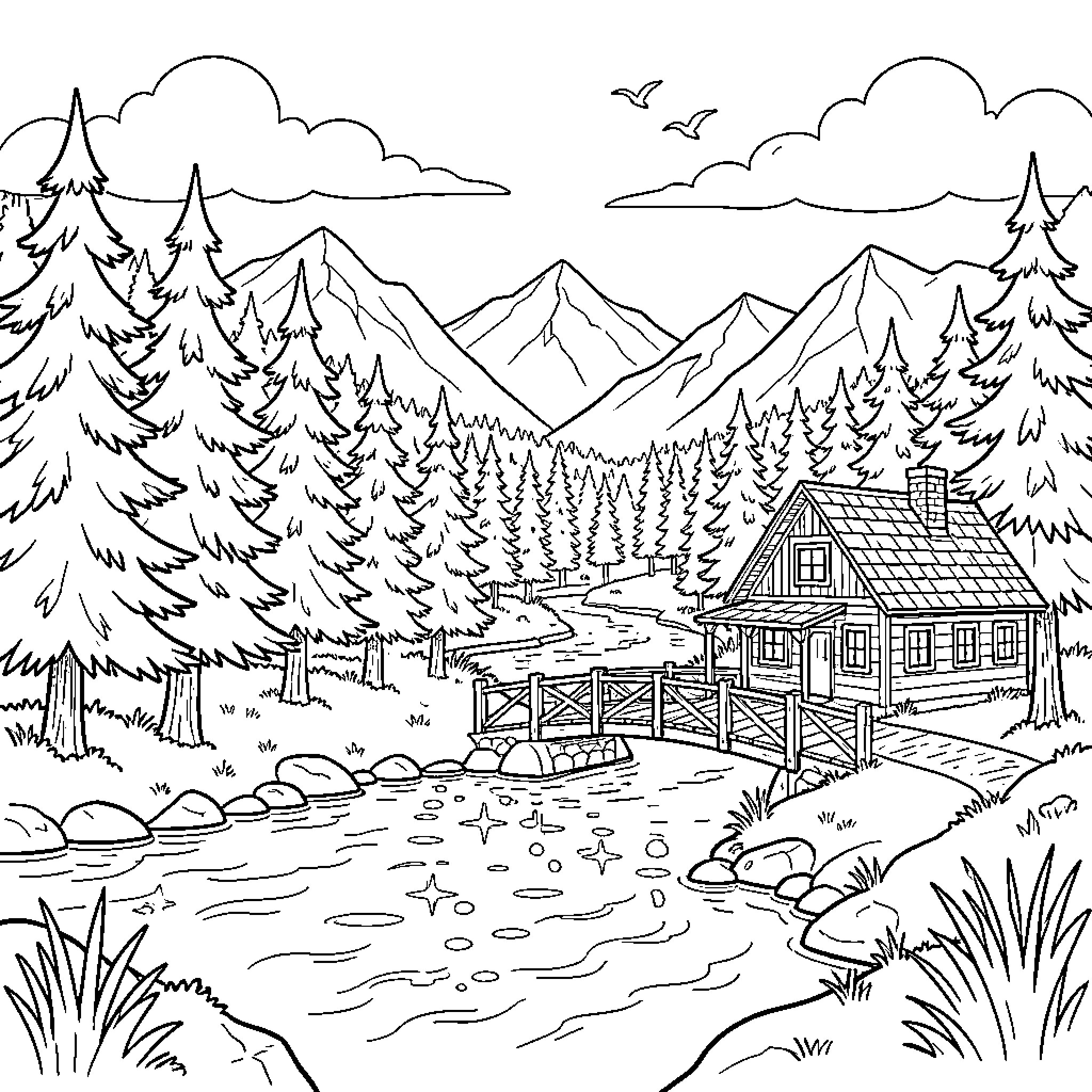 Mountain Cabin Nestled in Serene Forest Landscape Coloring Page (free black-and-white line drawing printable PDF for all, from beginners to advanced learners, including children, teens, adults, and seniors)